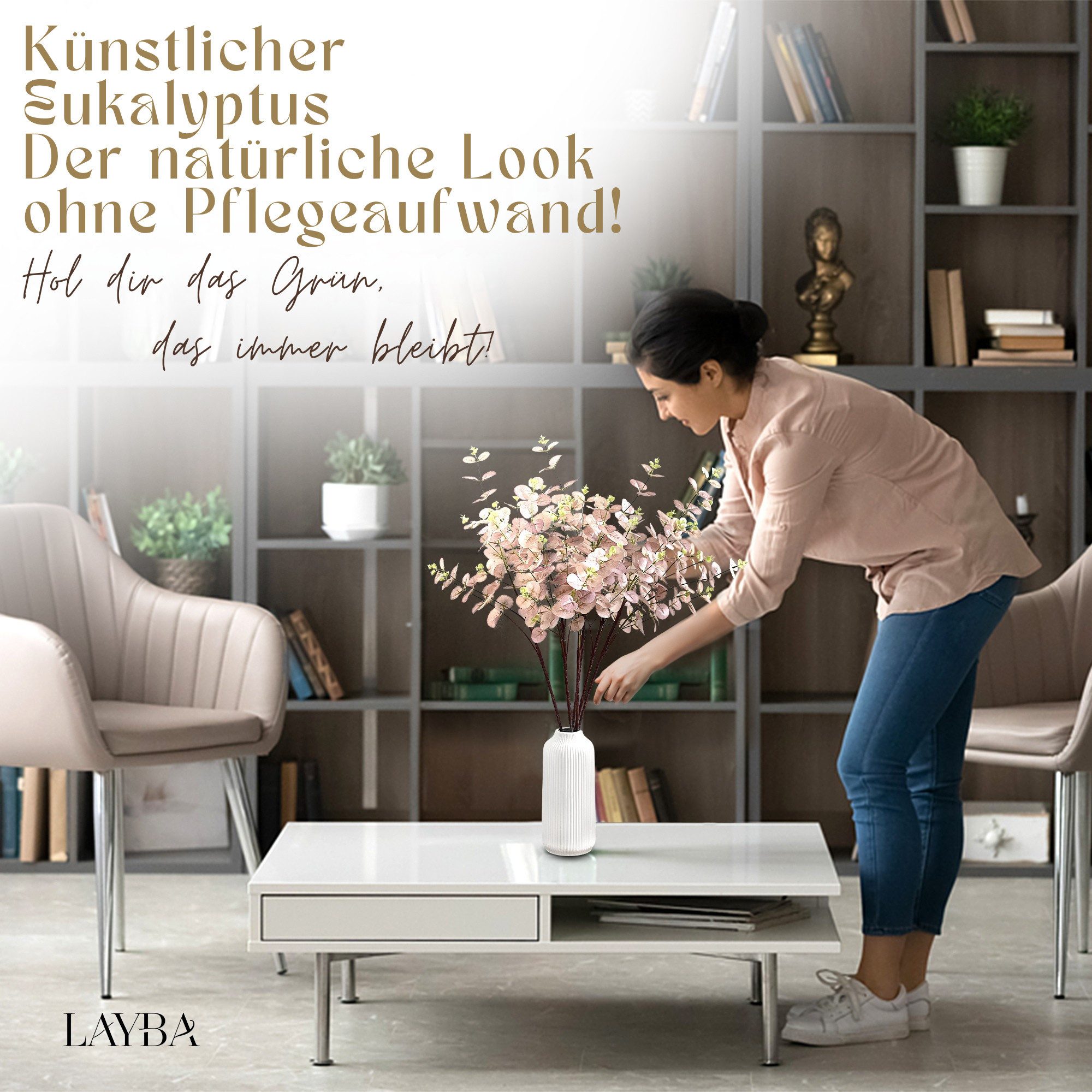 Kunstpflanze Künstlicher Eukalyptus 85 cm Dekorative Eukalyptus Kunstzweige 3er set Eukalyptus (künstlich), Layba, 3er Set