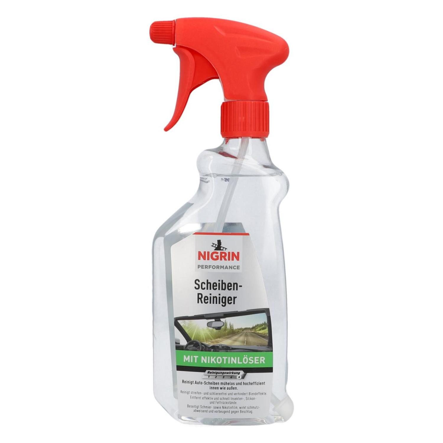 NIGRIN Scheiben-Reiniger 500ml Glas-Reiniger Reinigung Scheibenreiniger (1-St. 1x 500ml Sprühflasche Nikotinlöser Spray Glas-Reiniger Blendfreie Sicht Insekten-Entferner)