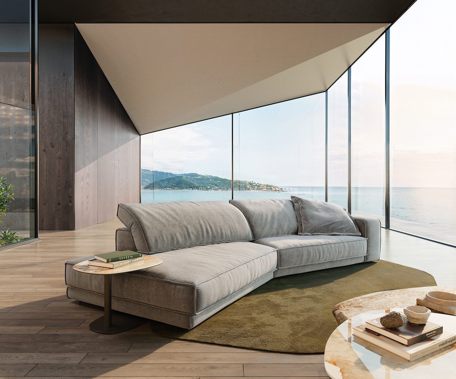 DELIFE Big-Sofa Snoosh, Strukturstoff Soft Grau 400x150 cm Recamiere links