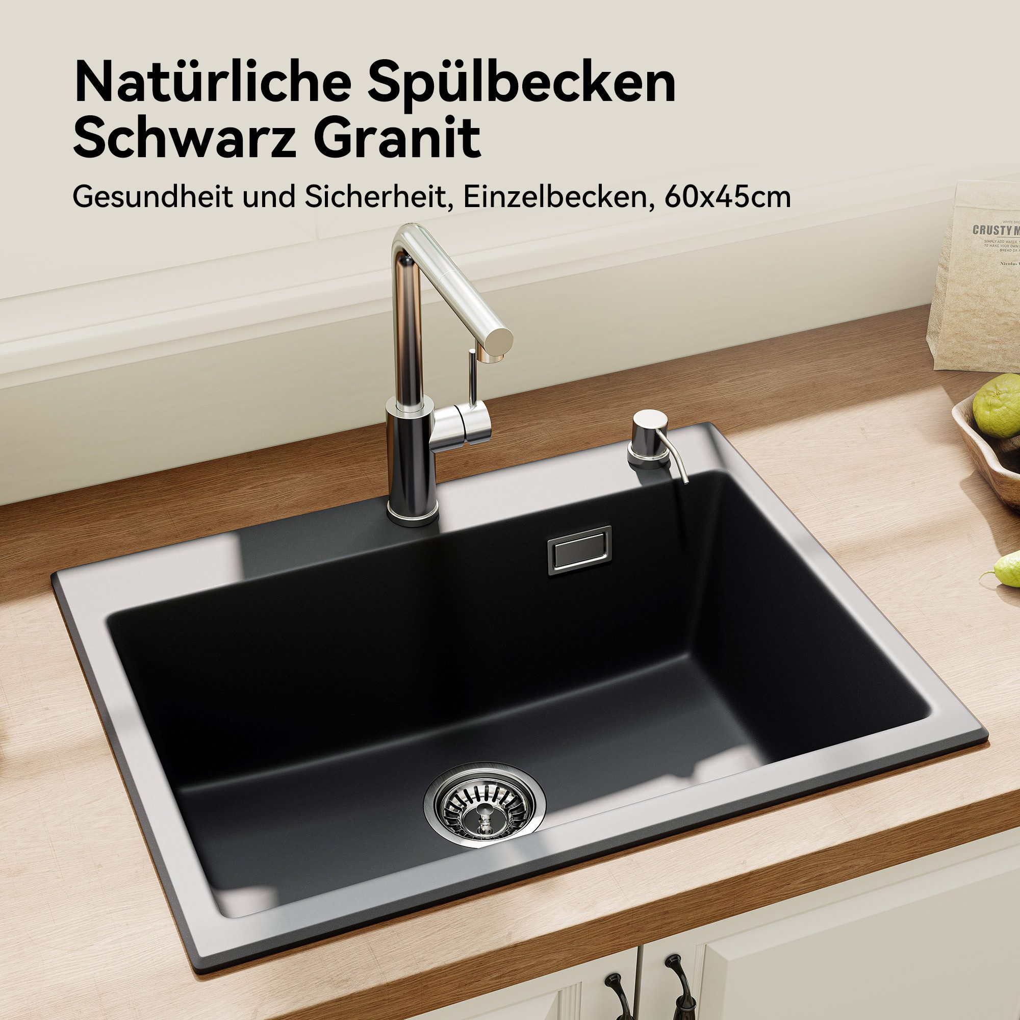 HOROW Granitspüle 60 ×45cm Spülbecken Küchenspüle aus Granit, 60/45 cm, (Schwarz 60 x 45 cm eckige Spülbecken), mit Siphon Ab- und Überlaufgarnitur