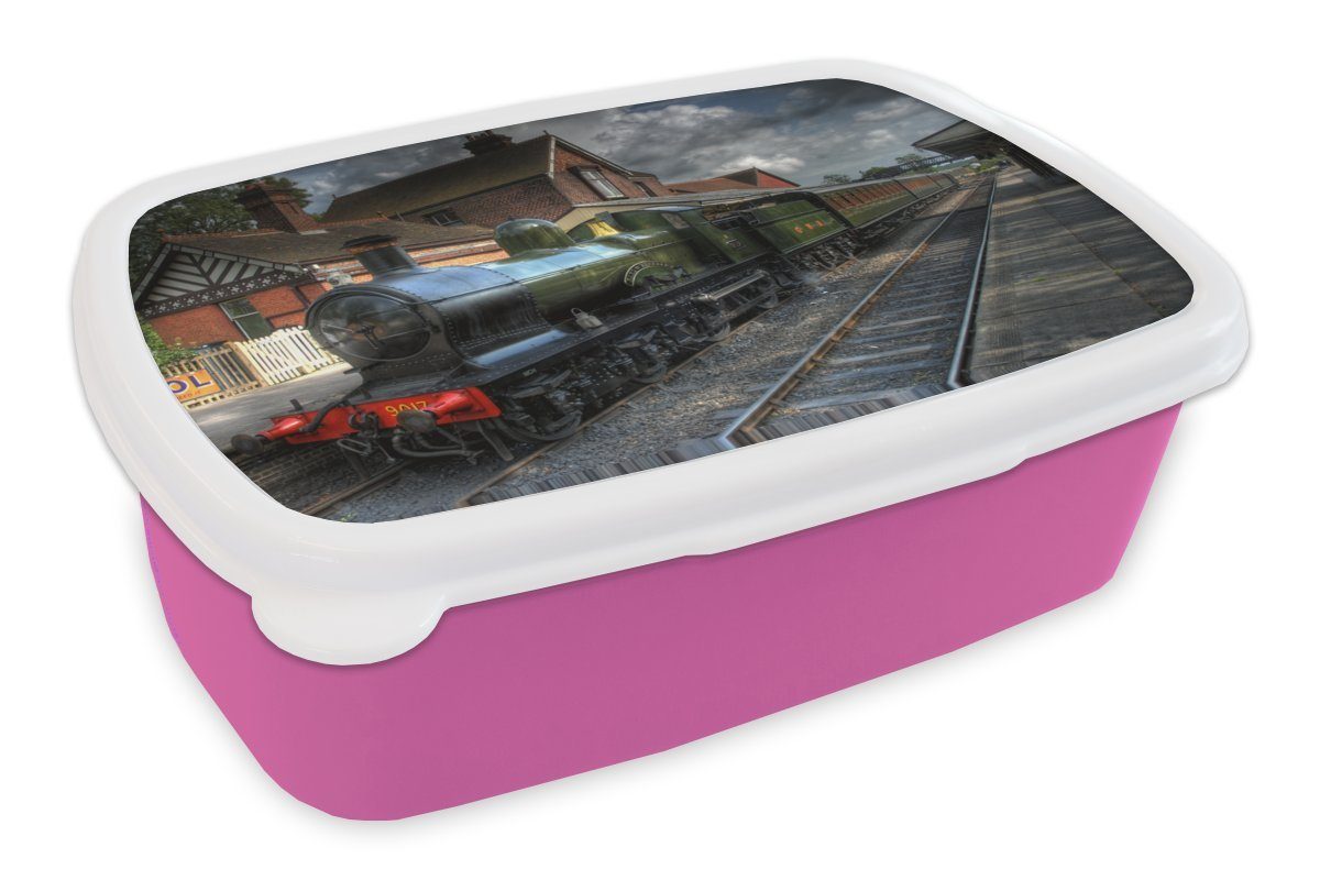Erwachsene, für in Dampflokomotive Brotdose Kinder, Lunchbox Snackbox, einem Kunststoff, (2-tlg), malerischen Mädchen, rosa Kunststoff Dorf, Eine Brotbox MuchoWow