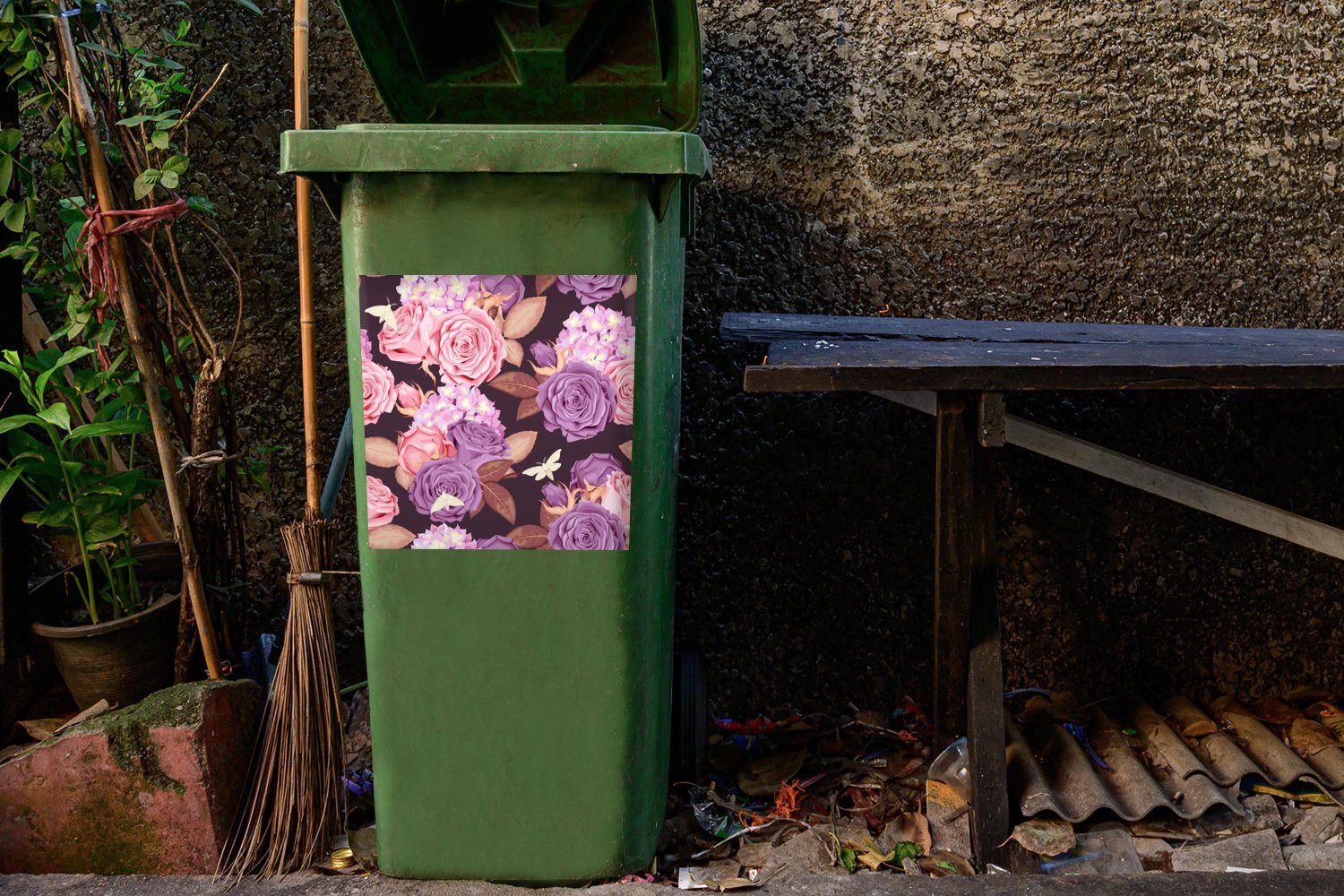Blumen Wandsticker MuchoWow - - Mülltonne, Abfalbehälter (1 Schmetterlinge Rosa Container, St), Mülleimer-aufkleber, Sticker, Lila -
