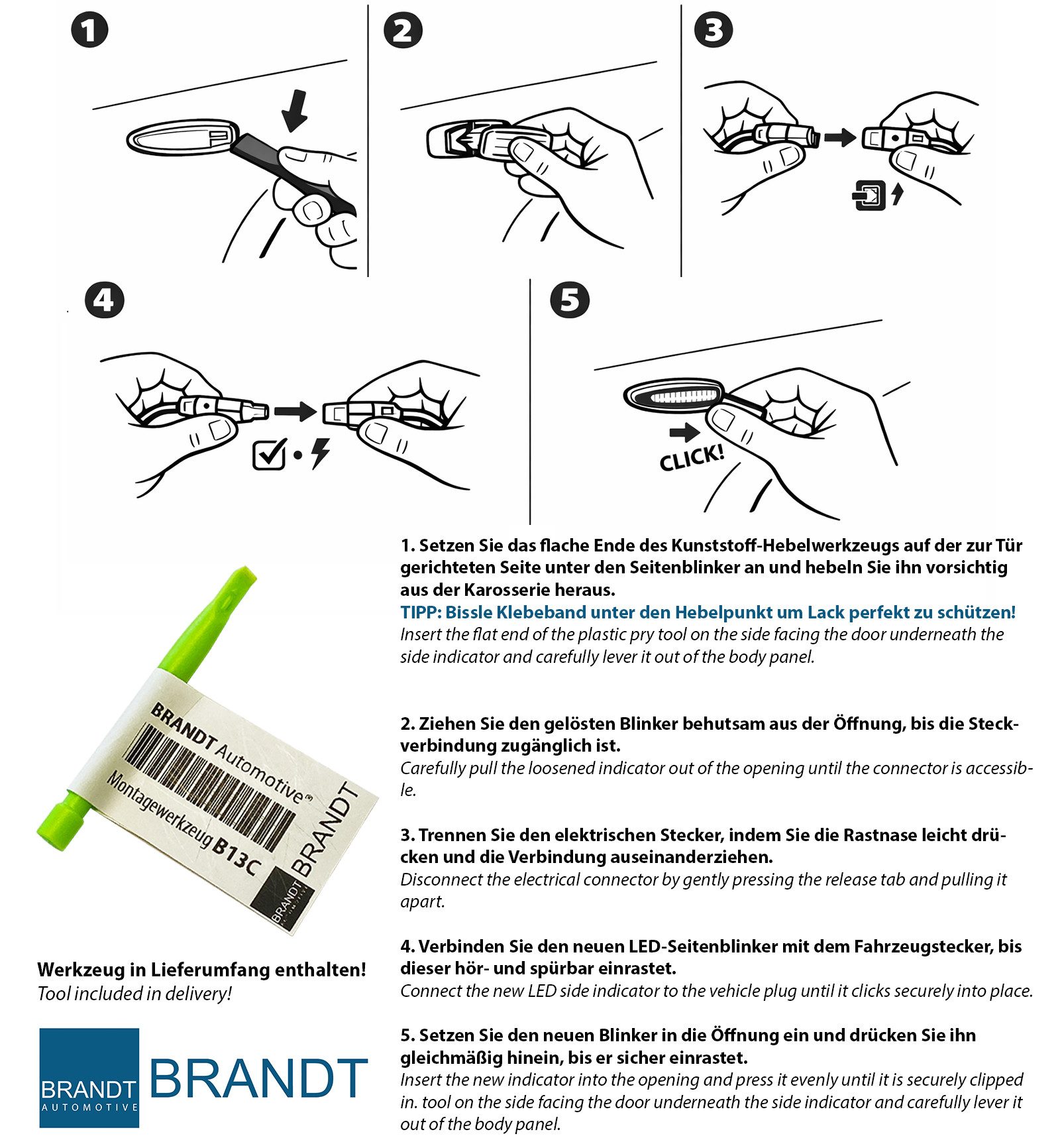 BRANDT AUTOMOTIVE KFZ-Ersatzleuchte Auto Seitenblinker Set LED Kotflügel Blinker + Kabel Schwarz, für Nissan Cube III Z12 (09-14); Juke I F15 (Bis FCL) (10-14); Lea...