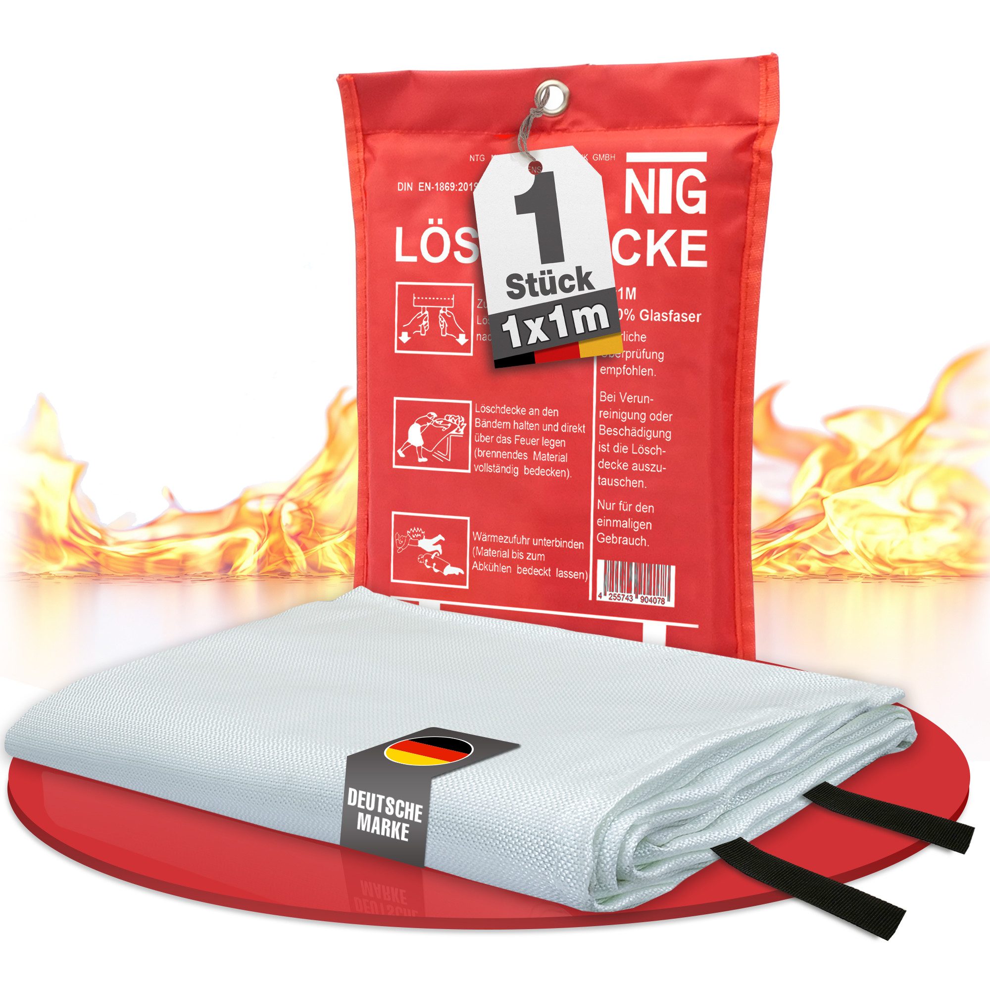 NTG Nutzfahrzeug Technik GmbH Löschdecke 1m² NTG Feuerlöschdecke Fiberglas Brandschutzdecke DIN EN1869, 100x100 cm, (1-St), Brandschutzdecke 1x1m