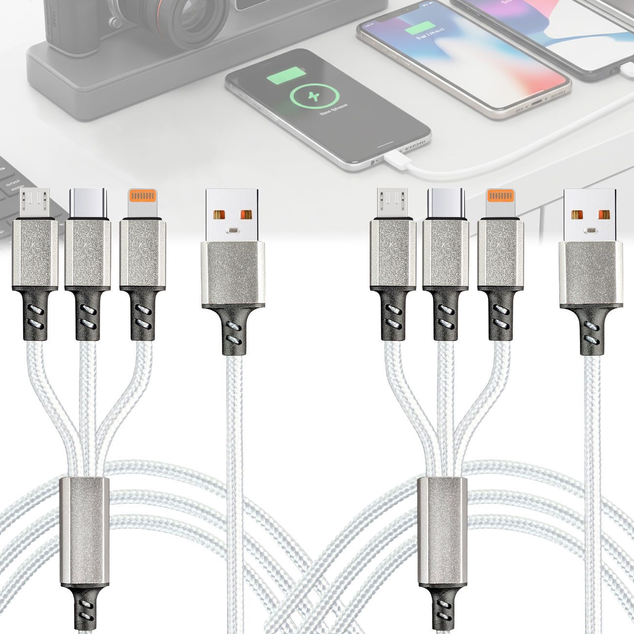 shop'n smile ideoon 3in1 Universal USB-Schnellladekabel, 25W Micro-USB, USB-C & Lightning USB-Ladegerät (2-tlg., 1er-Set & 2er-Set & 3er-Set, 3in1 Ladekabel 120cm / 25W Schnellladefunktion & Textilummantelung)
