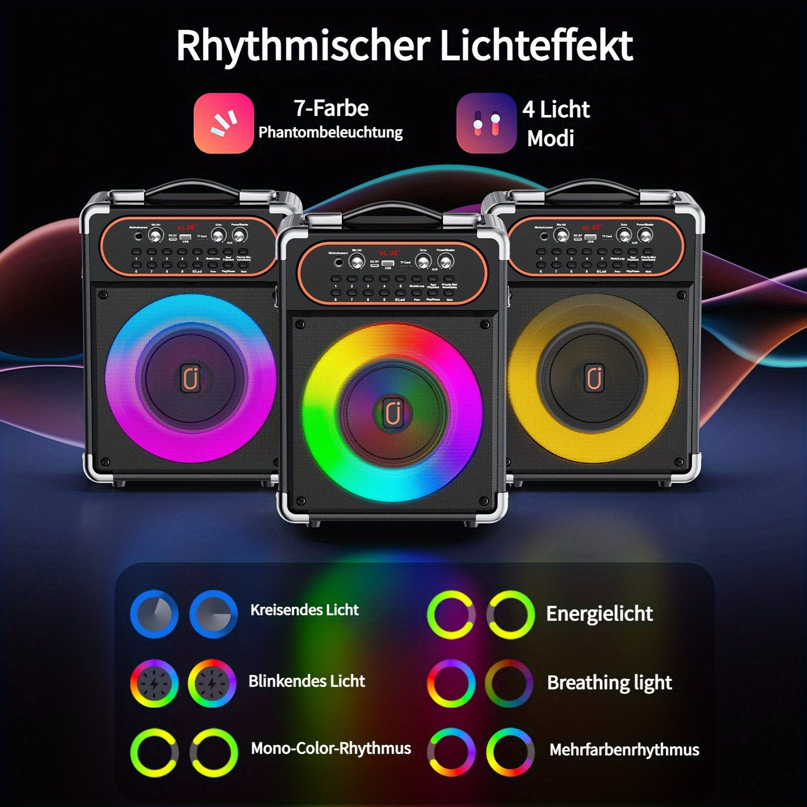 JYX Karaoke Lautsprecher mit 2 kabellosen Mikrofonen, Bluetooth Karaoke-Maschine (Disco-Licht, 12h Akku, tragbar für Party & Events)