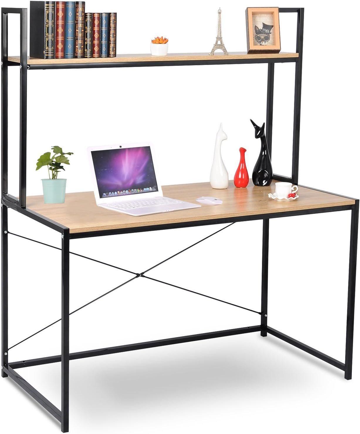 und Woltu Schwarz 2 Holz (1-St), aus Schreibtisch Stahl mit hell Computertisch | Ablage, eiche