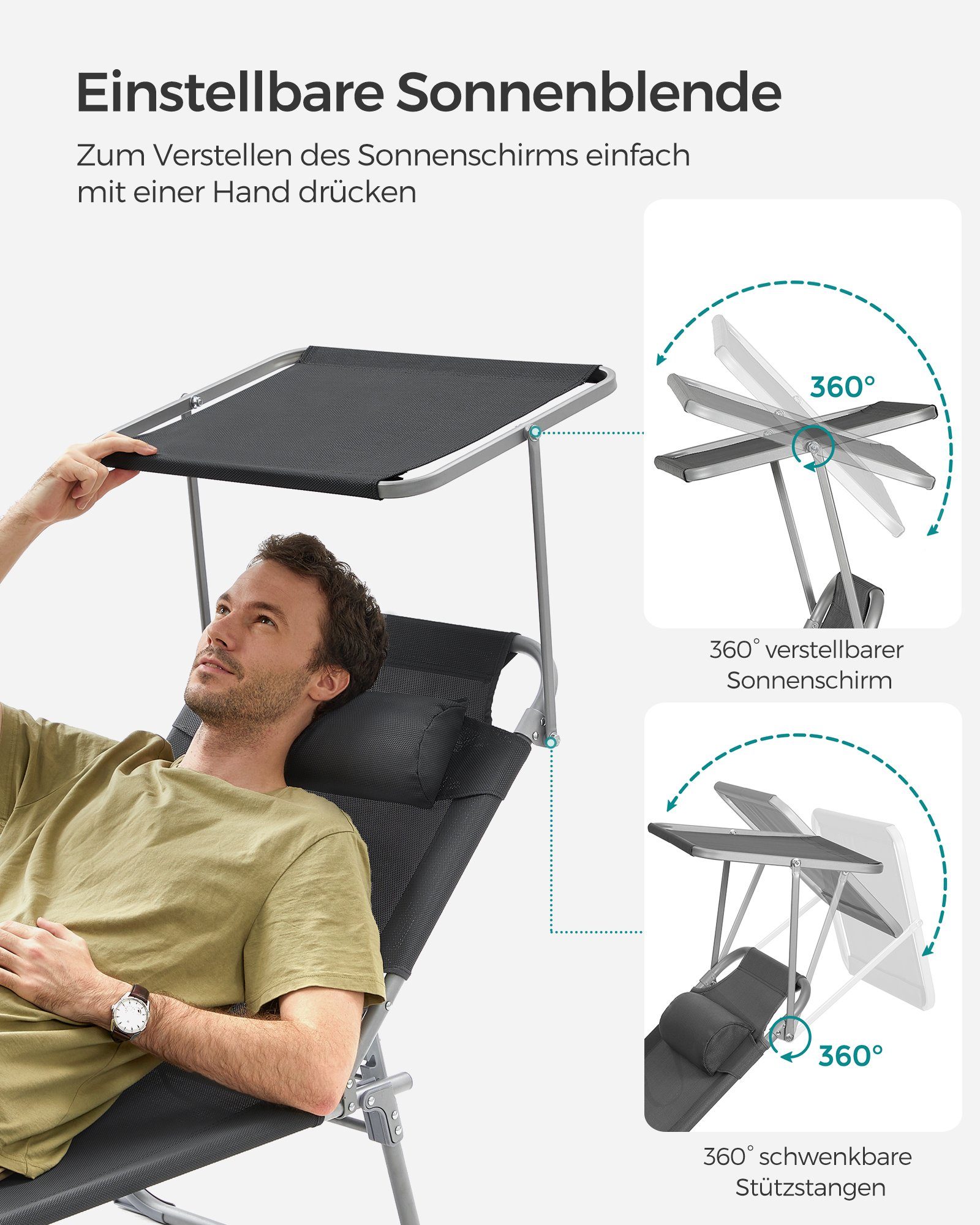 SONGMICS Gartenliege Sonnenliege, klappbarer Liegestuhl, für Garten, Pool, Terrasse, 1 St., bis 150 kg belastbar, 193 x 53 x 29 cm, Sonnenschutz, Kopfstütze, verstellbare Rückenlehne
