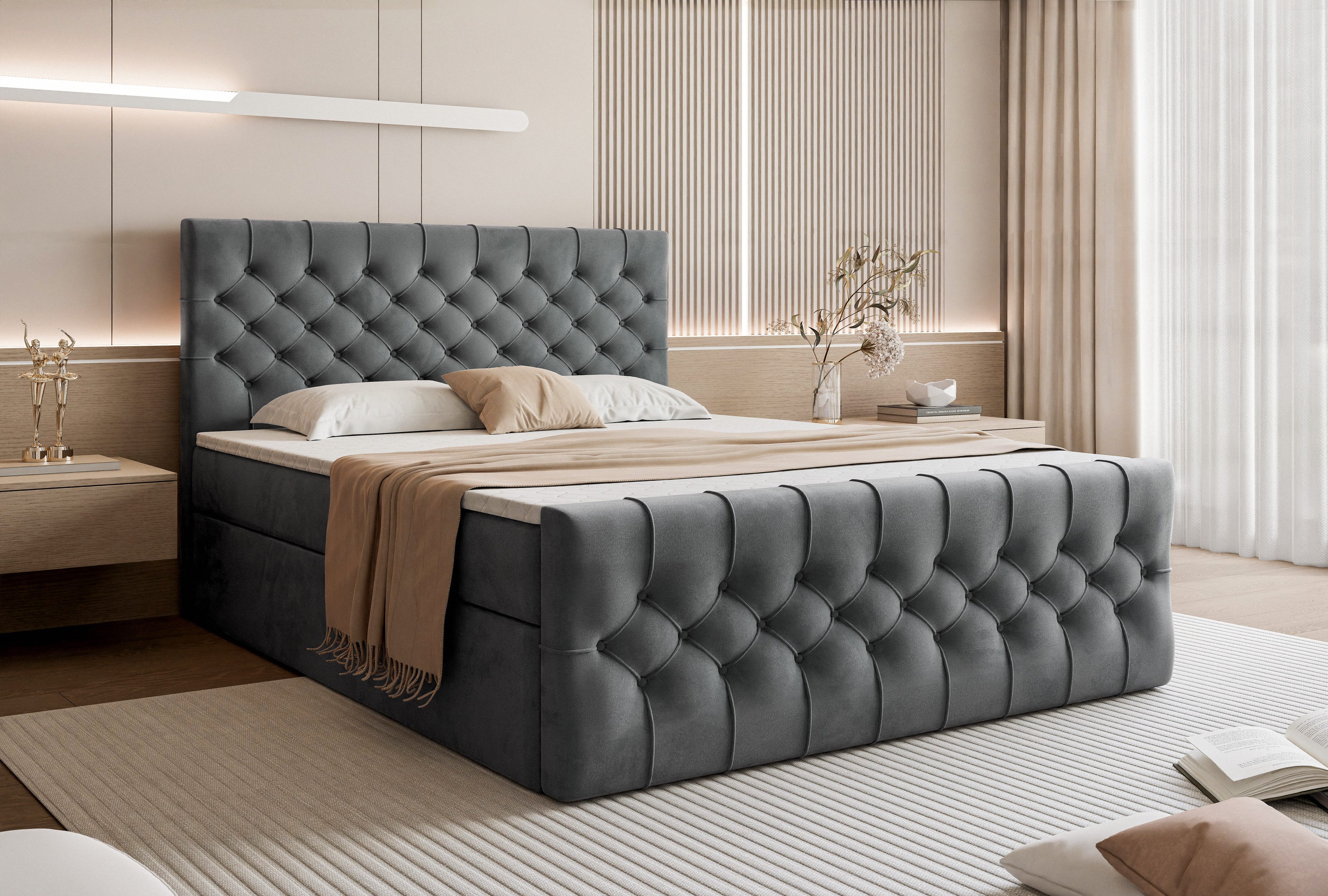 Goldstoff Boxspringbett TAURIEL mit Federkernmatratze & Topper, zwei Bettkästen (von 120 bis 200x200 cm), modernes Doppelbett aus Velvet Stoff mit edlem Kopftei – Bild 4 von 5