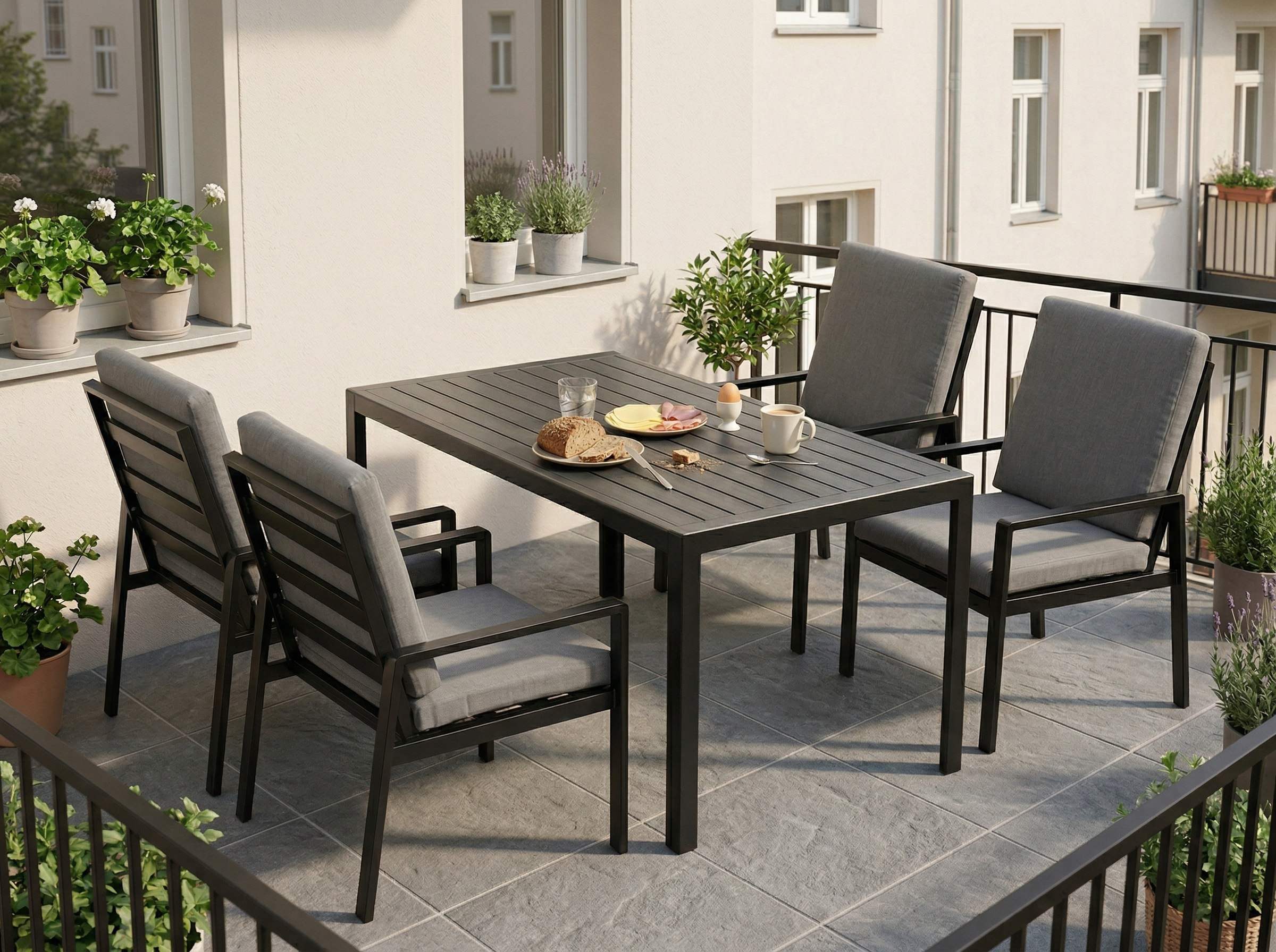 MeXo Gartenlounge-Set Gartenmöbel Set Aluminium Outdoor, (Garten-Essgruppe für 4 Personen, 5-tlg., mit Polywood Tisch & Auflagen), wetterfest für Terrasse & Garten