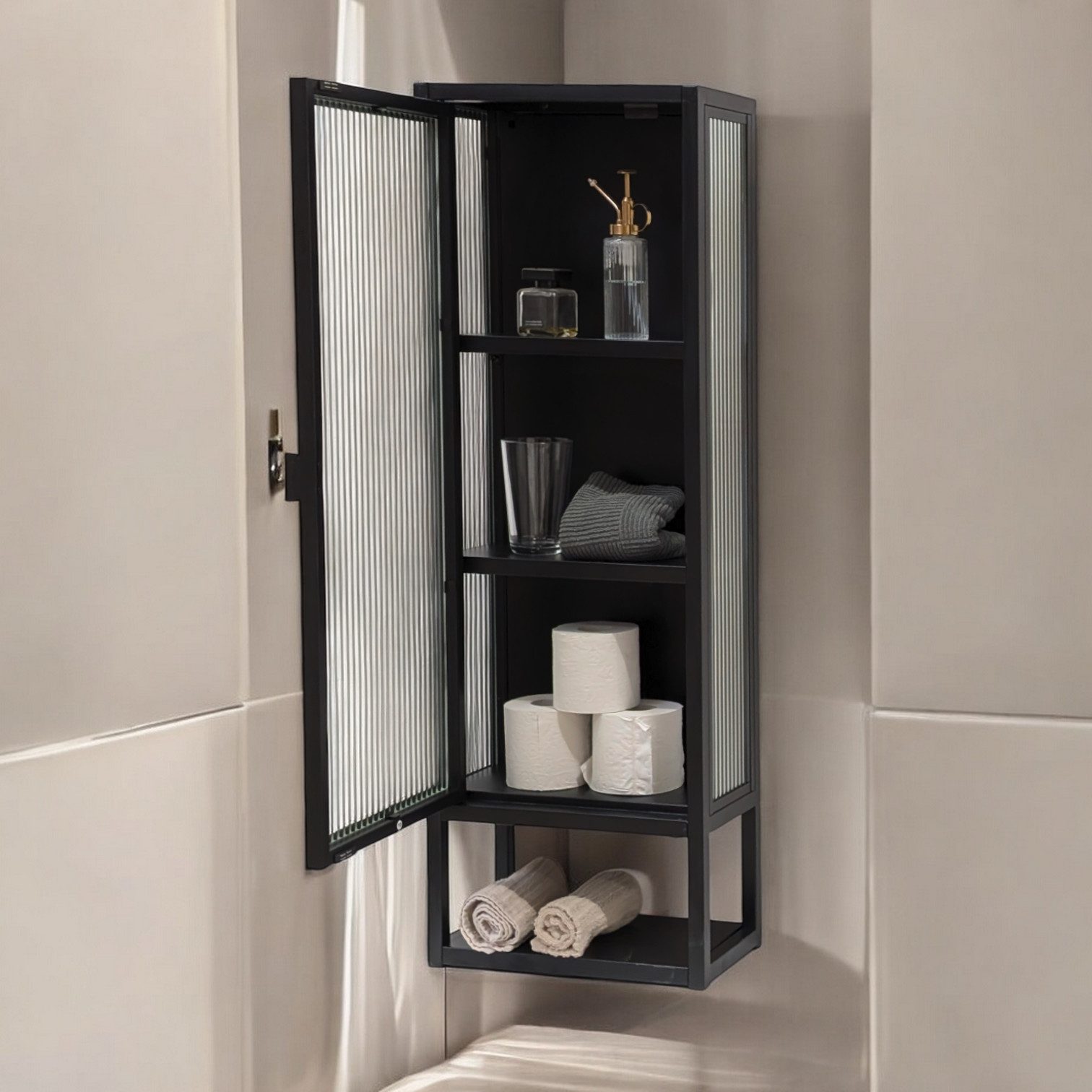 osoltus Sideboard osoltus Wandschrank Riffelglas Stahl Regal cube Schwarz Industrial