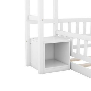 WISHDOR Kinderbett Flachbetten Holzbett Funktionsbett Doppelbett (Hausbetten mit Geländer 140 x 200cm, mit Nachttischen), ohne Matratze