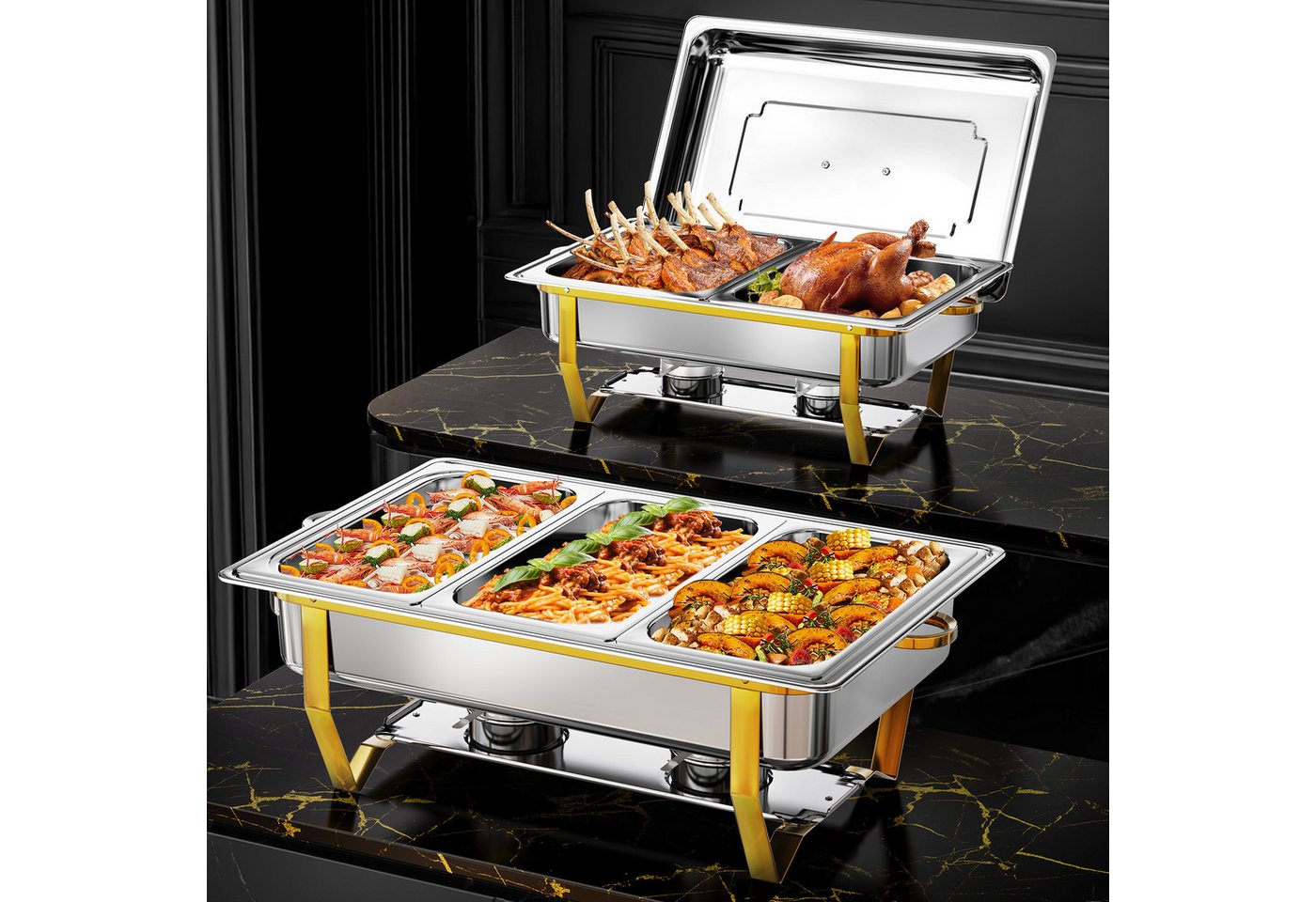 Warmounts Speisenwärmer 8QT, (2-tlg., Edelstahl 7,57L), Chafing Dish Speisenwärmer, 1x GN 1/2 + 1x GN 1/3 Behälter, Edelstahl