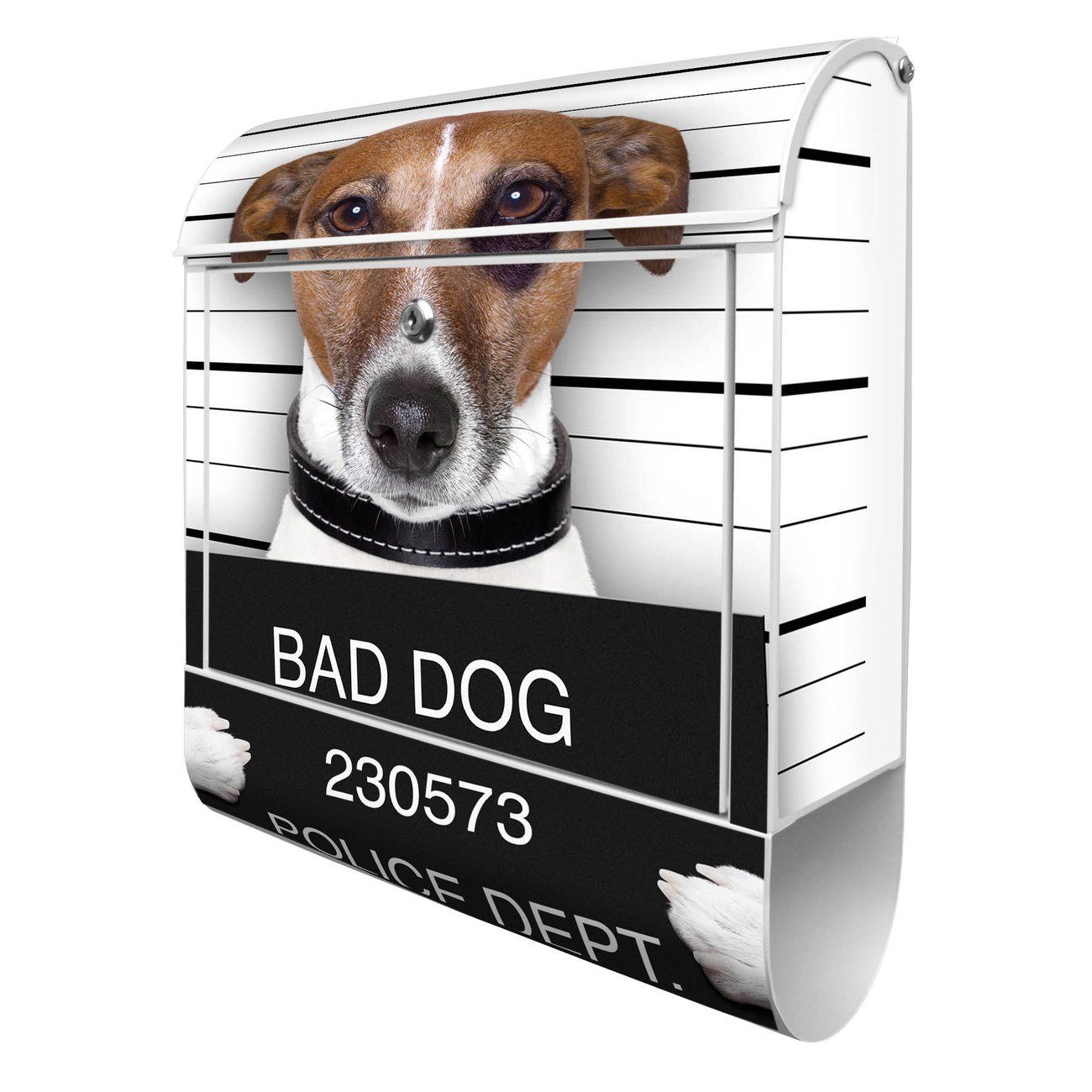 banjado Wandbriefkasten Stahl Bad Dog Jack Russel (Wandbriefkasten witterungsbeständig, pulverbeschichtet, mit Zeitungsfach), 39 x 47 x 14cm weiß