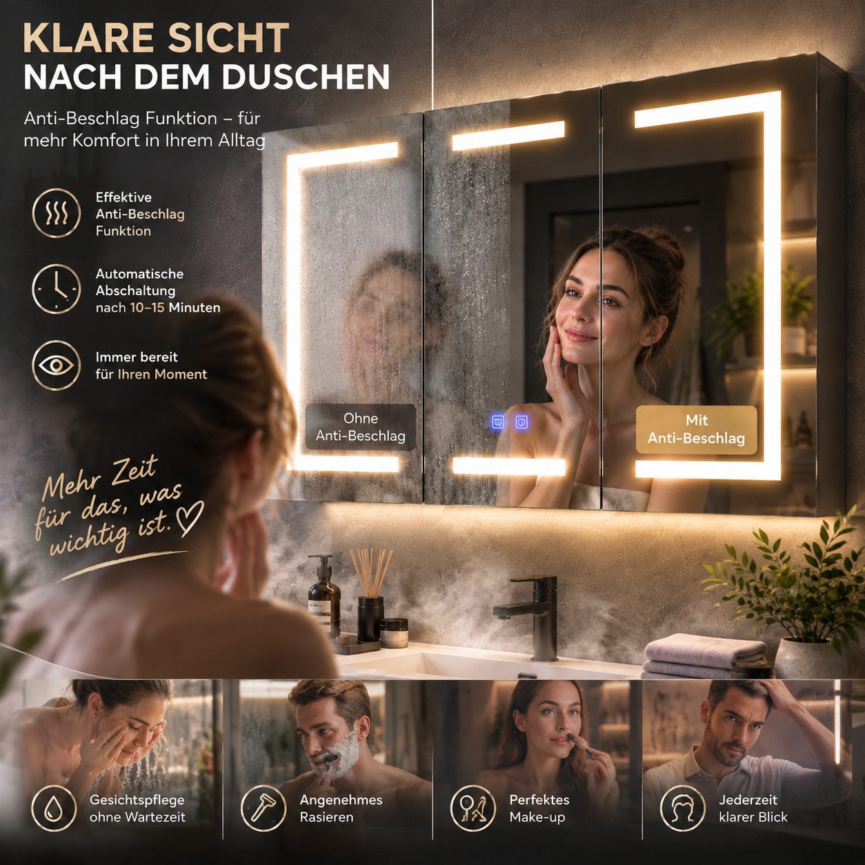 Simurq Badezimmerspiegelschrank 100 cm LED-Spiegelschrank mit 3 Türen, Anti-Beschlag Tuchentnahme im unteren rechten Bereich – Bild 3 von 5