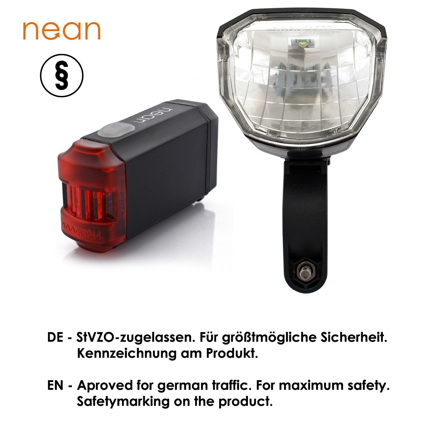 nean Fahrradbeleuchtung Set mit Akku und StVZO-Zulassung 50 LUX 8 Candela, mit 3 Helligkeitsstufen und USB-Ladebuchsen, abnehmbar