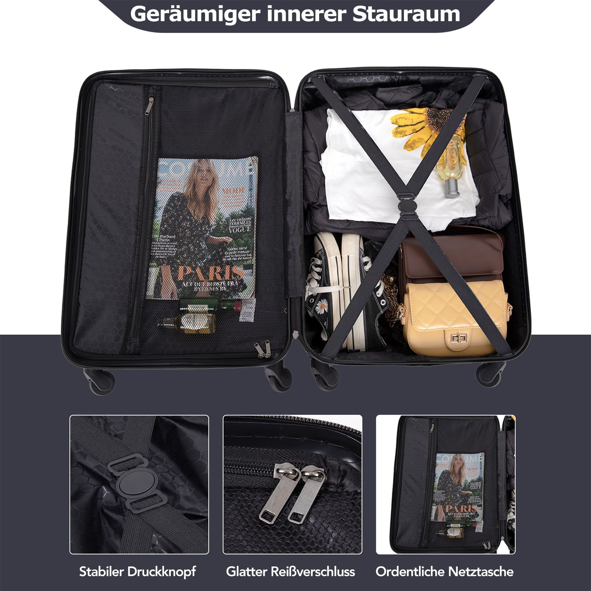 Koffer Handgepäcktrolley Reisekoffer 4 Hartschalen-Trolley Rollen, Schwarz REDOM