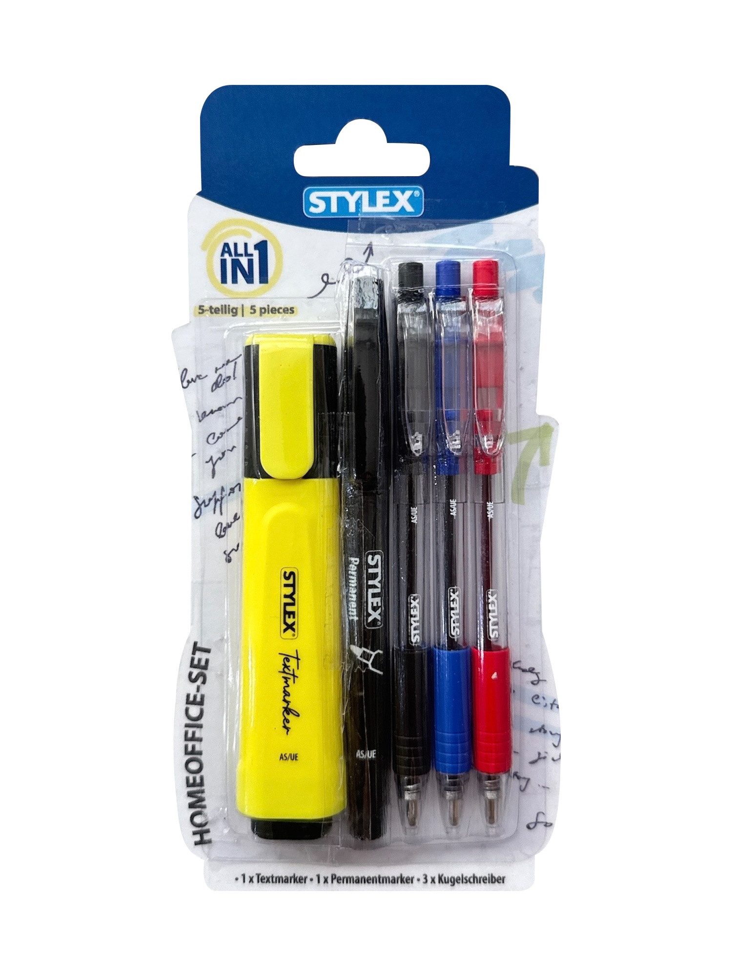 Stylex Schreibwaren Kugelschreiber Home-Office-Set, 5-teilig mit 3 Kugelschreiber, Textmarker und Permane