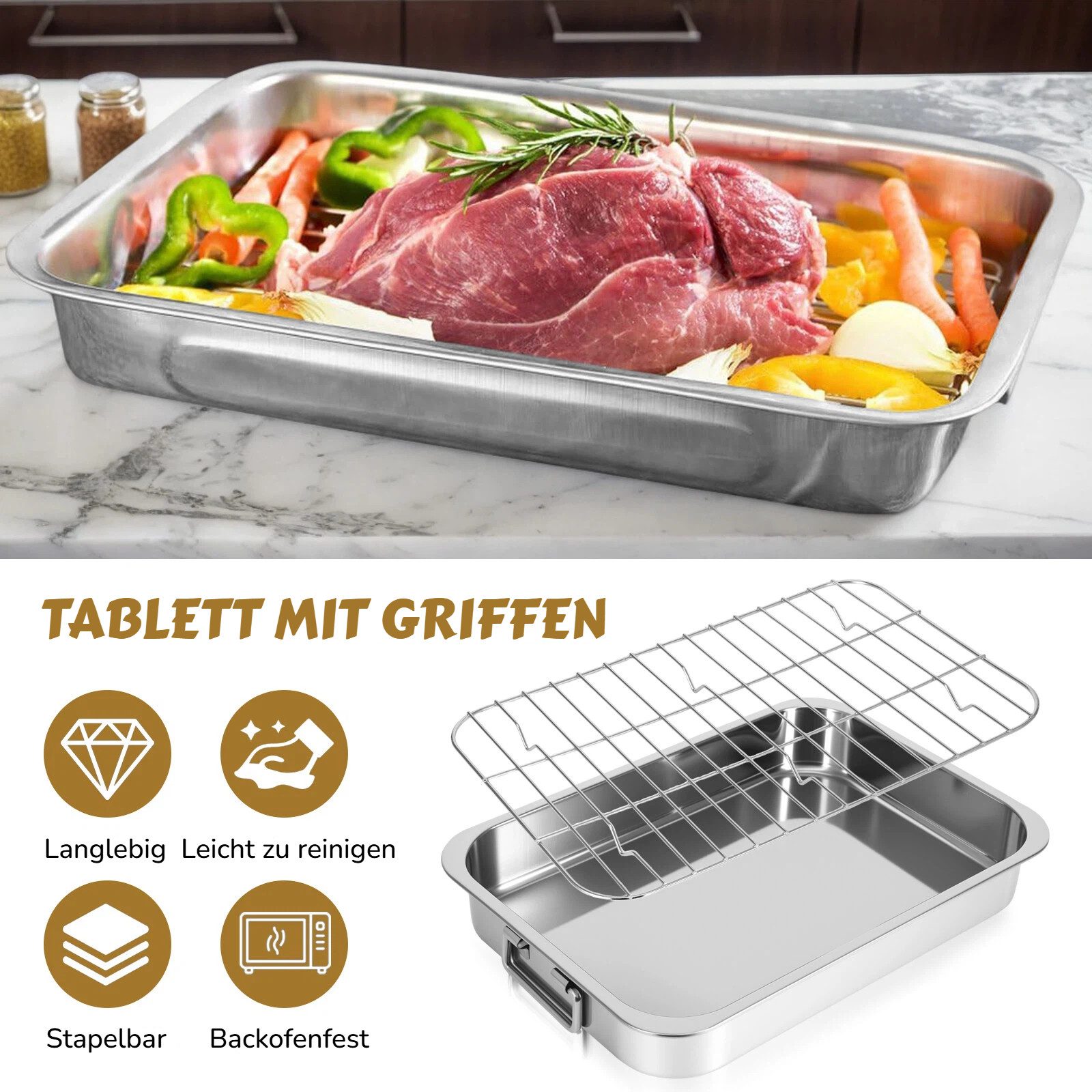 BlingBin Bräter Bratblech mit Gestell, Auflaufformen Ofenfest Edelstahl für Backofen, Edelstahl (1er Set, 1-tlg., Produktabmessungen: 33 × 23 × 5 cm), Backblech Stahlblech mit Griffen für Truthähne, Fleisch, Gemüse