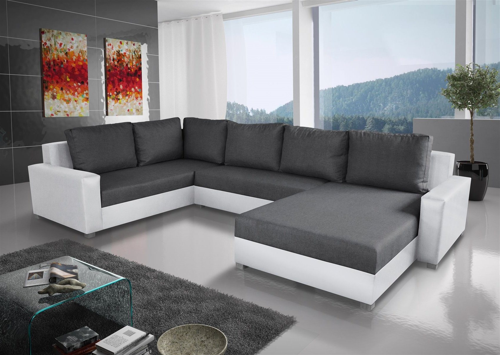 Fun Möbel Wohnlandschaft Couchgarnitur GRADO mit Schlaffunktion Ottomane Links oder Rechts, inkl. 6 Rückenkissen mit Reißverschluss, Inkl. Bettkasten