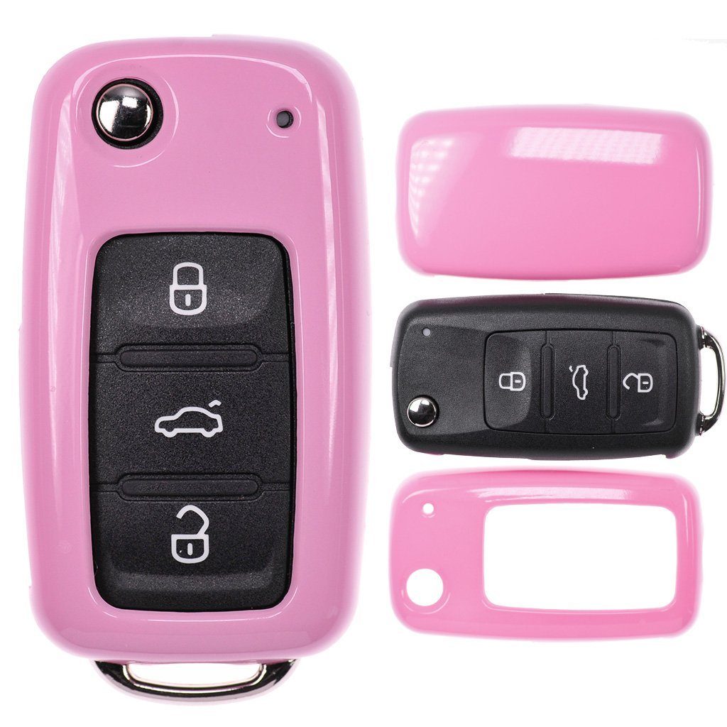 mt-key Schlüsseltasche Autoschlüssel Hardcover Schutzhülle Pink, für VW UP Golf Polo Seat Ibiza Skoda Octavia Yeti ab 2009 Schlüssel