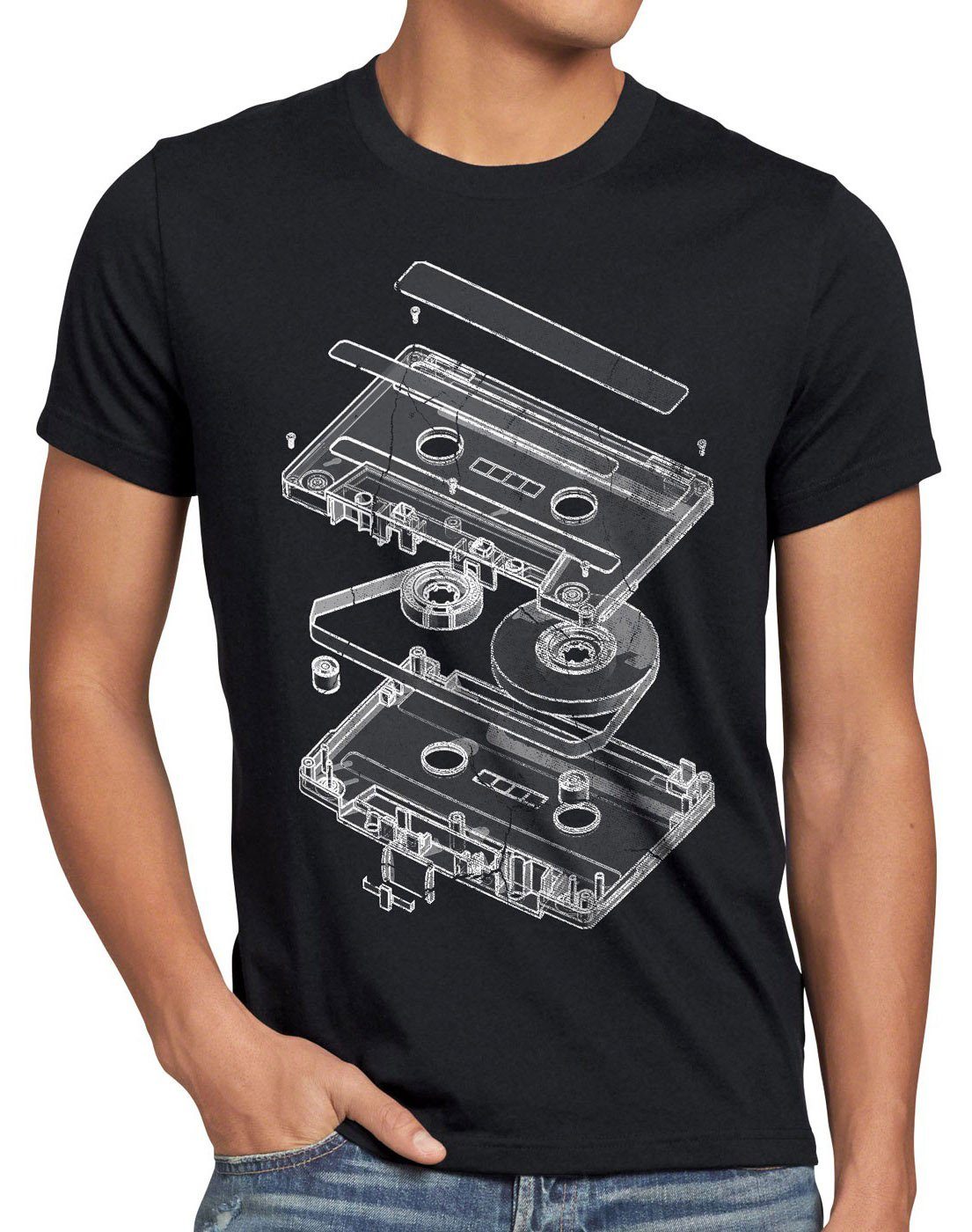 style3 Print-Shirt Herren T-Shirt Tape Kassette mc dj 3D turntable ndw analog disko cd 80er vinyl schwarz