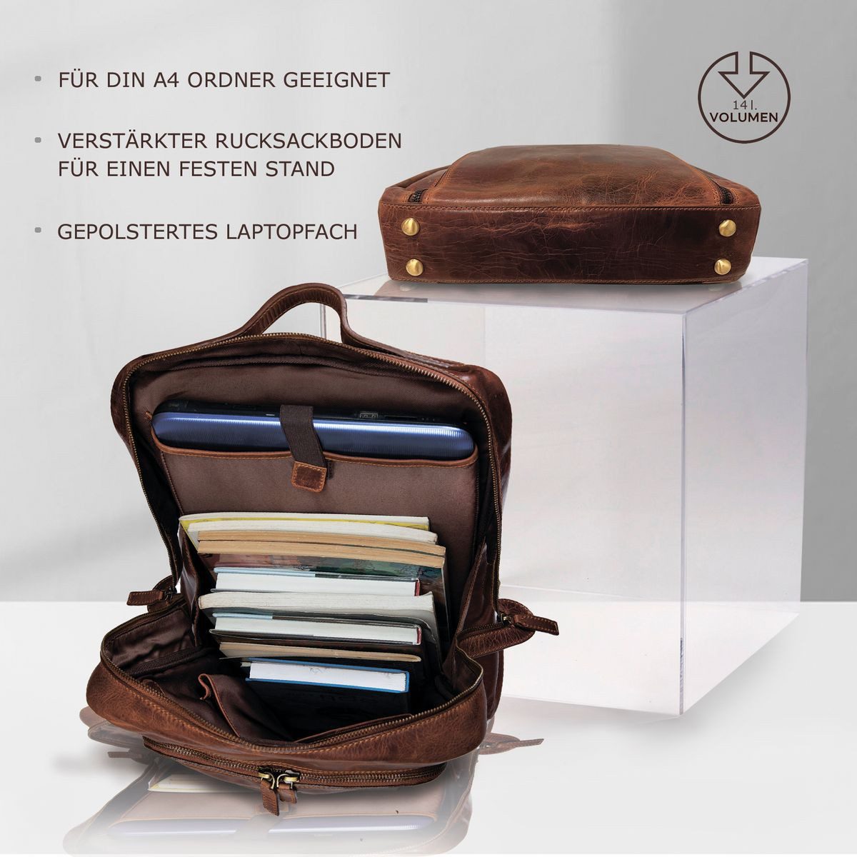 Corno d´Oro Freizeitrucksack Handmade Rucksack Herren Leder Lederrucksack Damen Groß, vintage braun, für 15,6 /17 Zoll Laptop, mit Organizerfach