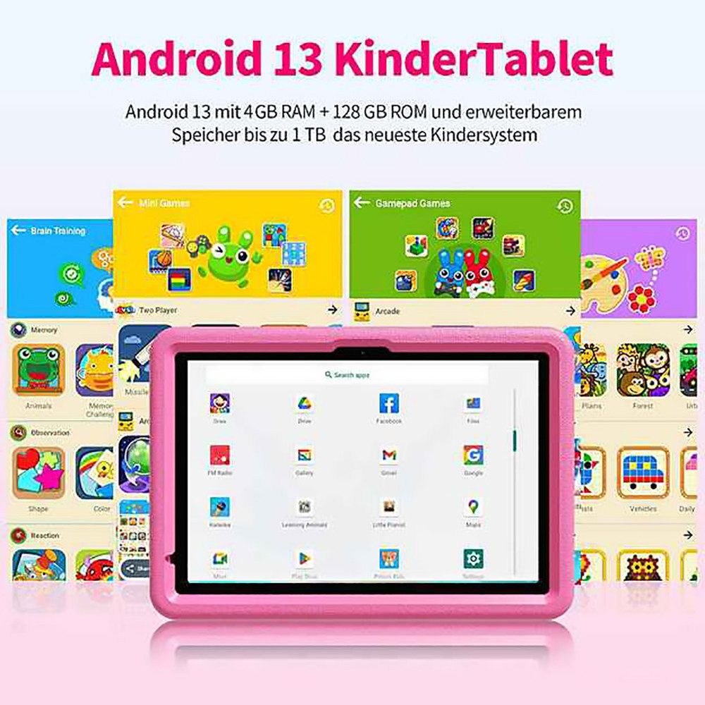 VASOUN TAB11 Kinder-Tablet 10 Zoll,128 GB,8000mAh Tablet (10.1", 128 GB, (Android,WiFi,Dual-Kamera,Bumper Kindersicherung,Elterliche Kontrolle) rosa
