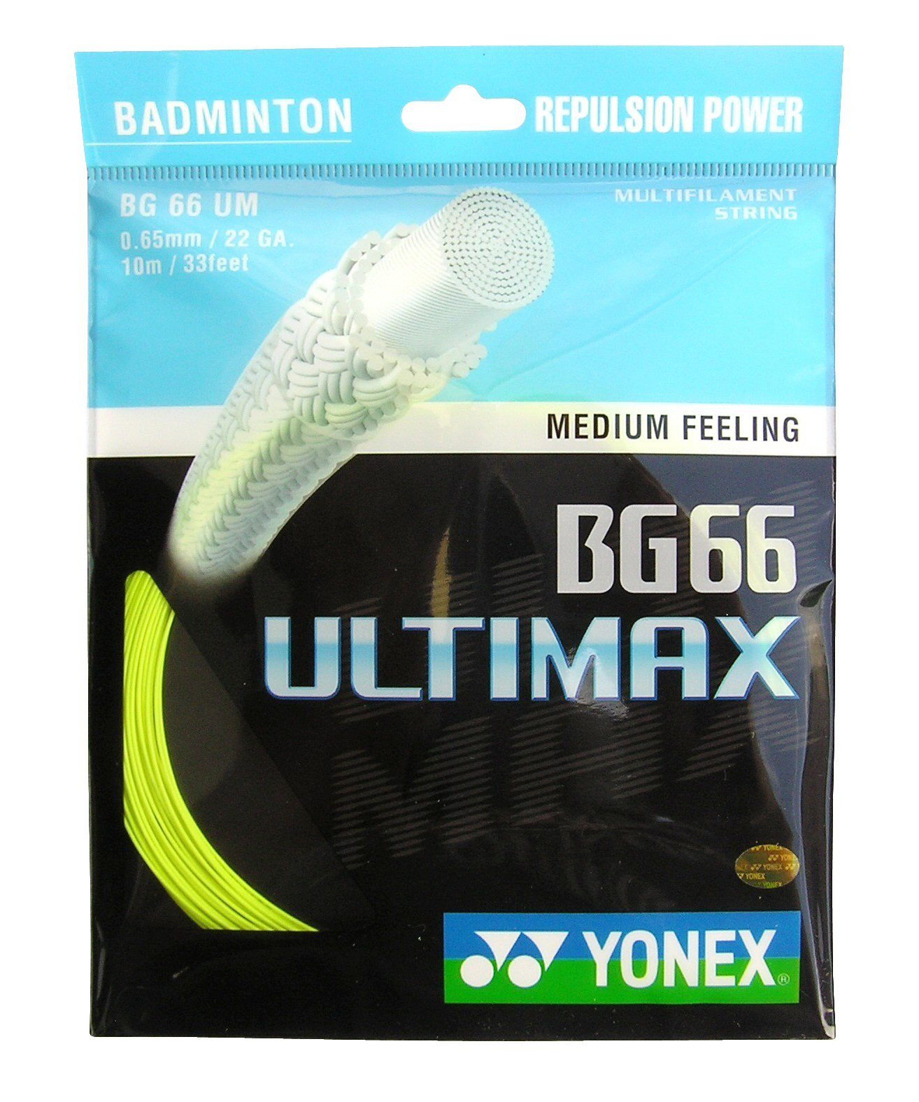 Yonex Badmintonsaite BG 66 Ultimax (Power+Komfort) gelb 10m Set, Saitendicke: 0.65