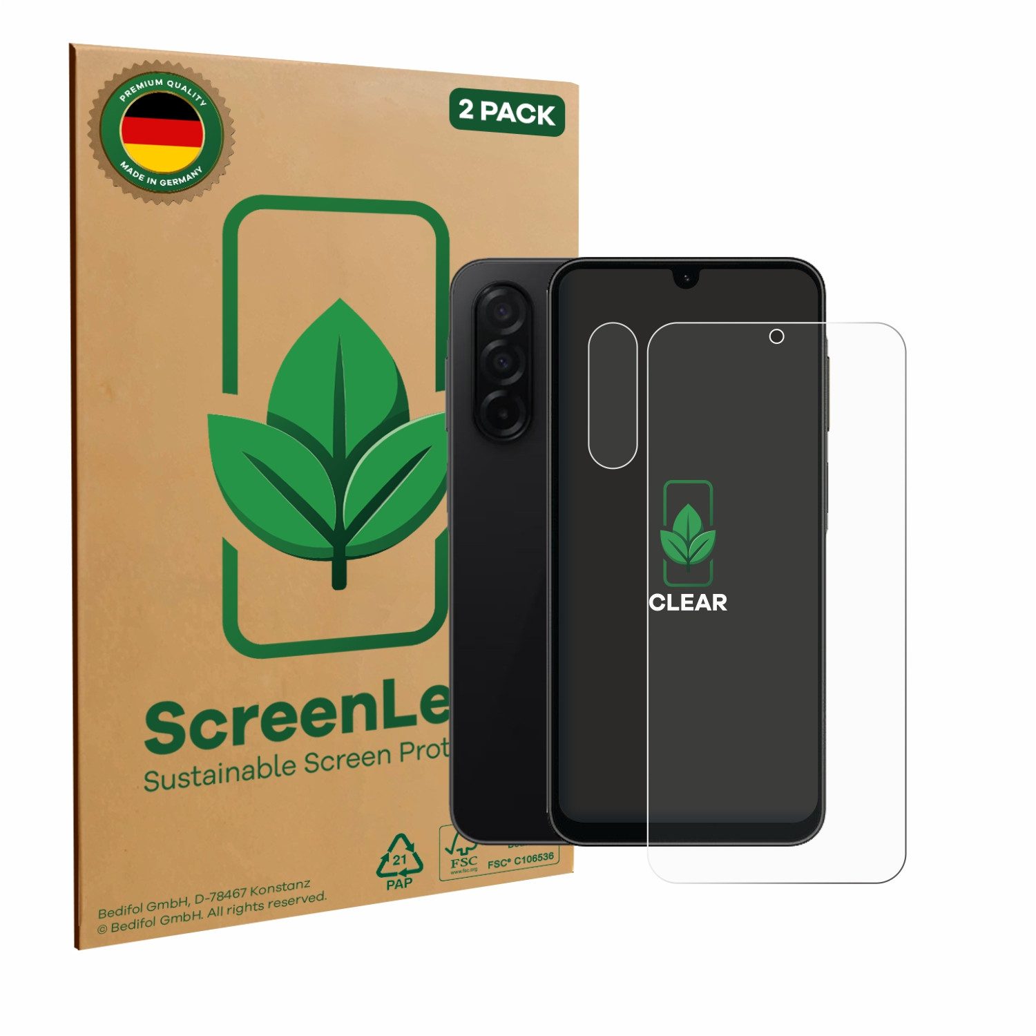 ScreenLeaf Displayschutzfolie Schutzfolie für Samsung Galaxy A26 5G (Display+Kamera), 2 Stück, nachhaltiger Displayschutz Schutz Folie Klar Transparent