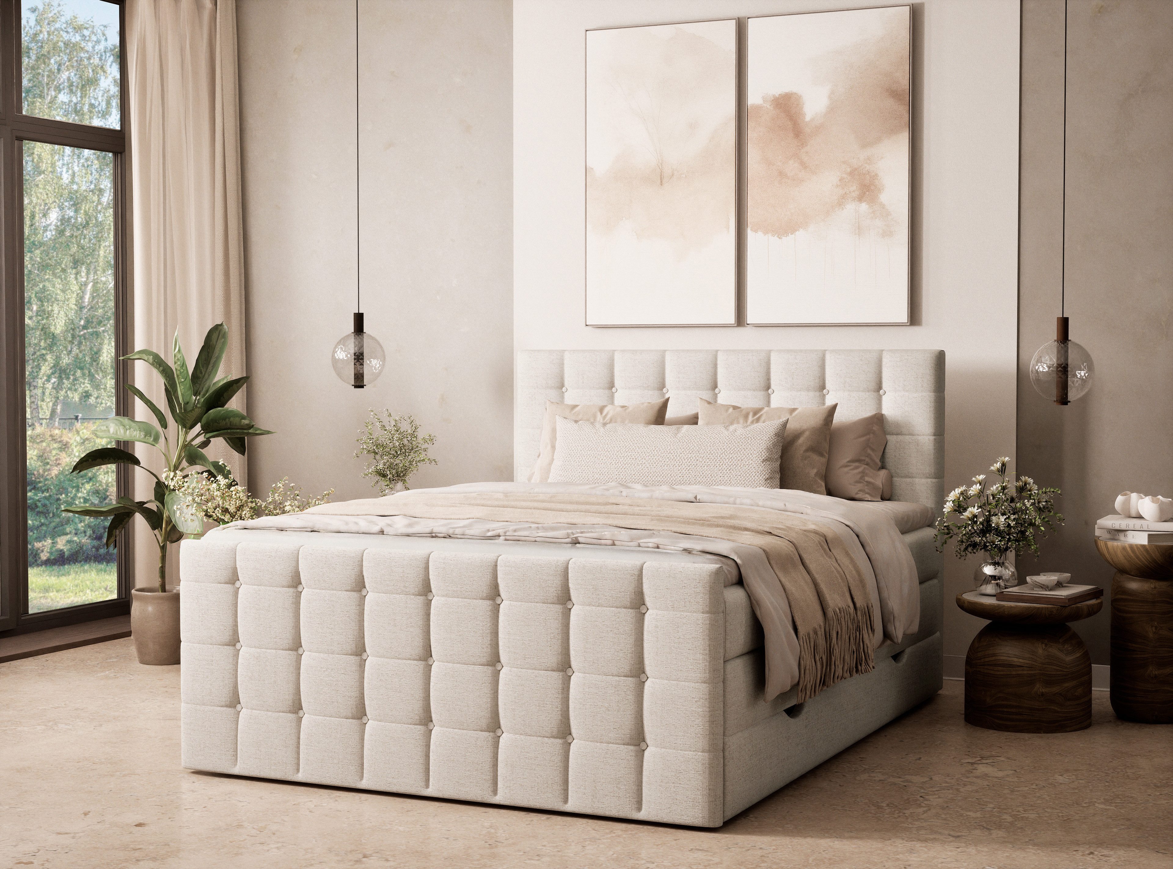 Maison de Rêve Boxspringbett Tasca (Komplettbett mit Matratzen, Kopfteil und Topper), Boxspringbett mit Stauraum, Webstoff