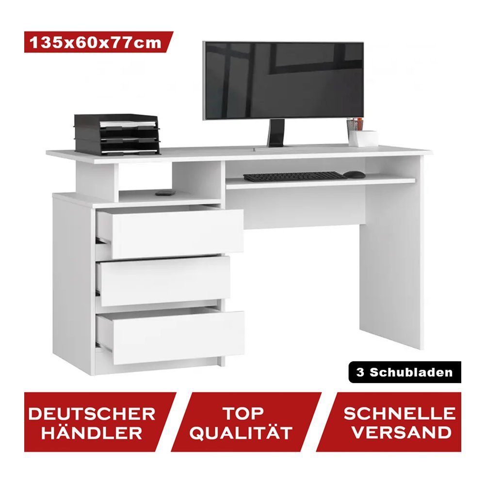 Home Roysson ERATO Weiß Freistehender 3 Schubladen Computertisch 135cm Schreibtisch Computertisch