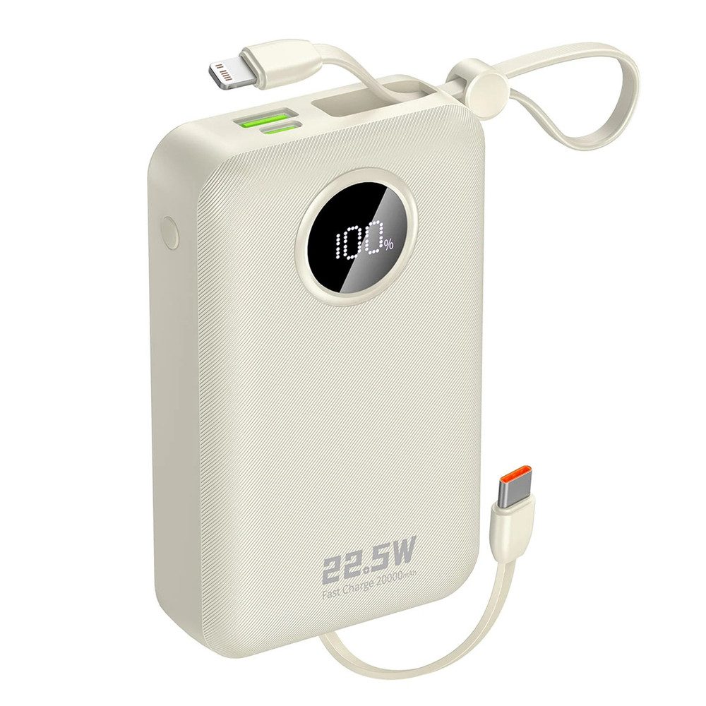 Dudao Akkupack Reiseakku Powerbank 20000 mAh (5V, 12V, 9V V, 1 St), Integrierte Kabel, Schnellladung 22,5W, LED-Anzeige