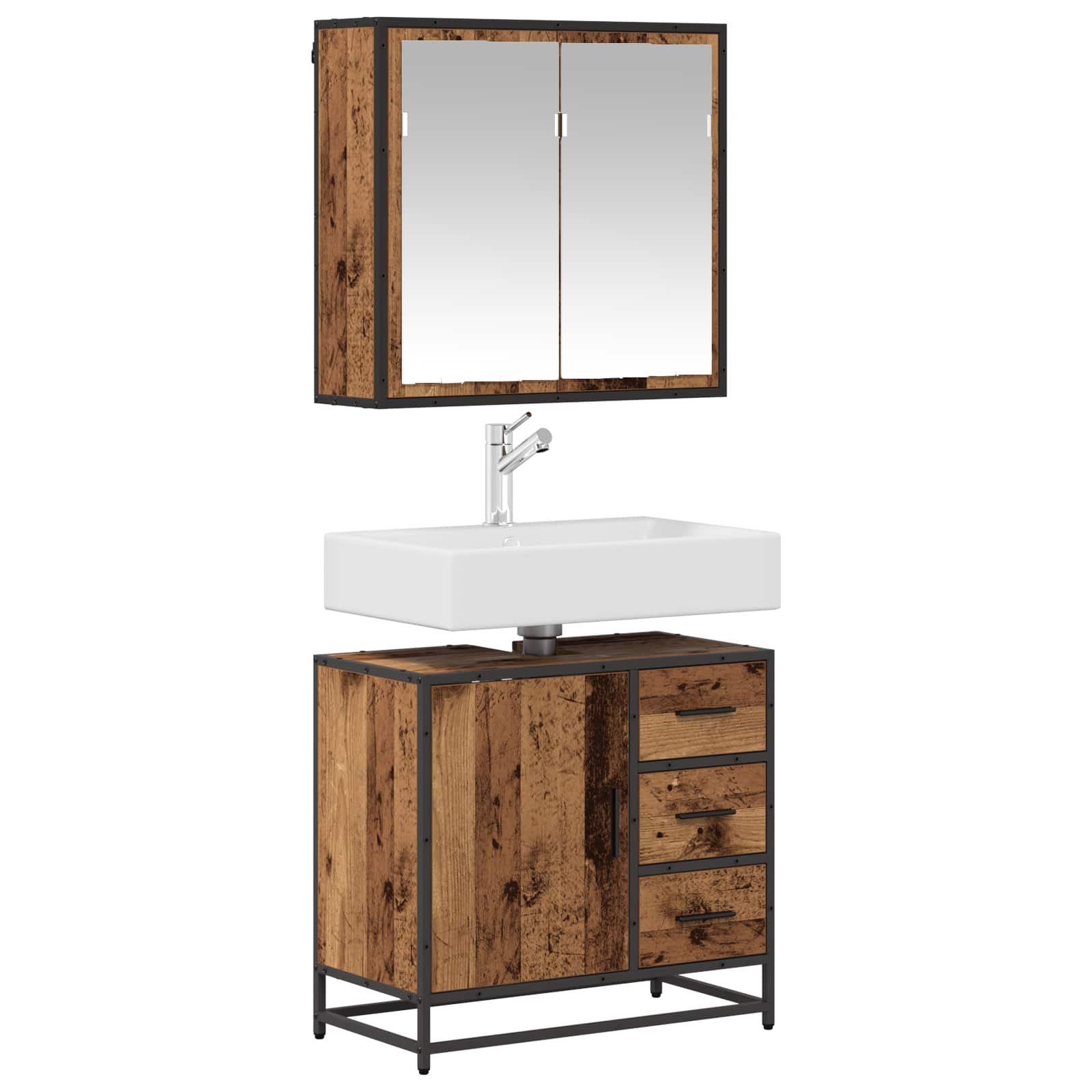 vidaXL Badezimmer-Set Badezimmermöbel-Set 2 stk. Altholz 65 x 33 x 60 cm, (2-St)