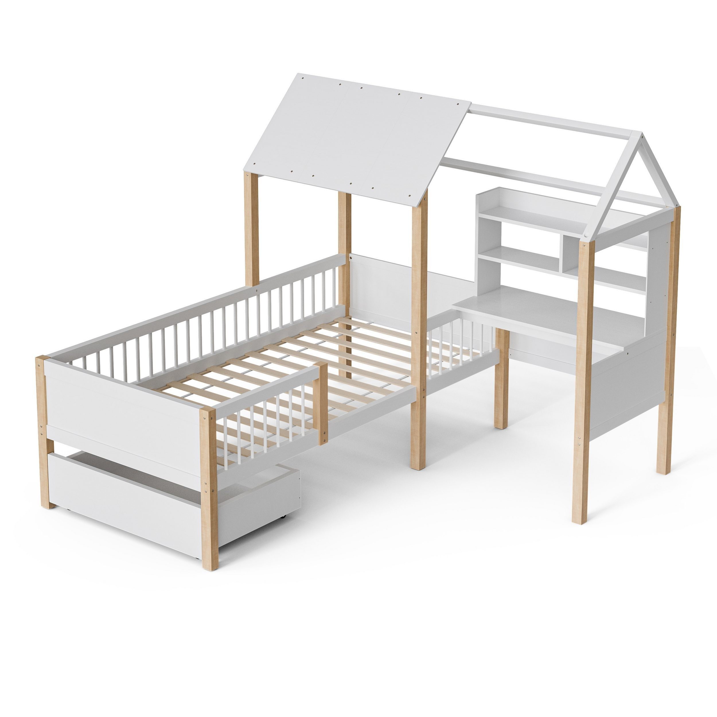 LVHOM Hausbett 90x200,Schreibtisch,Schubladen mit Rollen,Rausfallschutz & günstig online kaufen