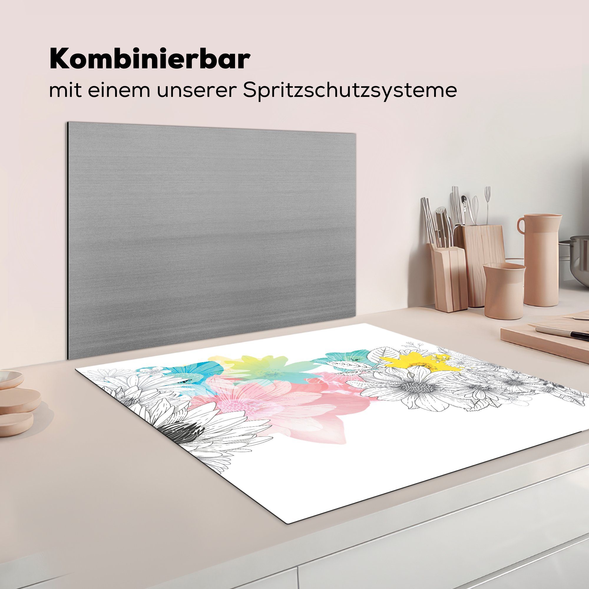 Blumenmusters Arbeitsplatte Illustration 78x78 Ceranfeldabdeckung, mit Vinyl, cm, MuchoWow Herdblende-/Abdeckplatte für Farbe, eines tlg), küche (1