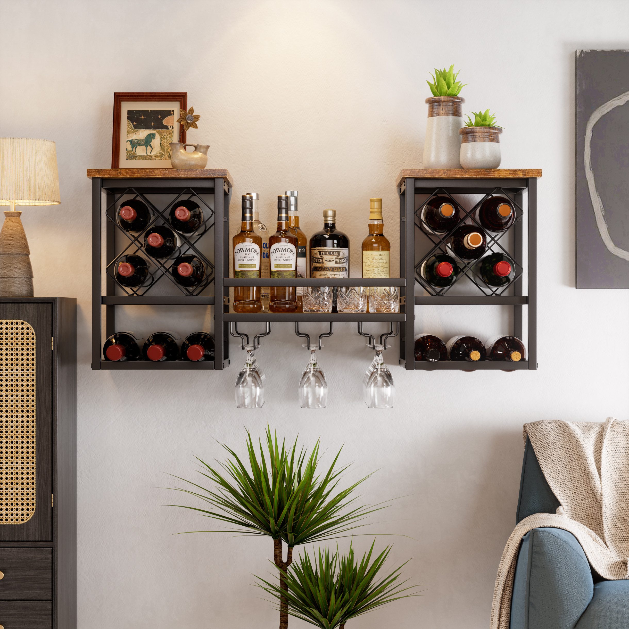 TWSOUL Weinregal Wand-Weinregal aus Metall mit 3 Glashaltern – 100 × 45 × 25 cm, für Küche, Hausbar & Esszimmer