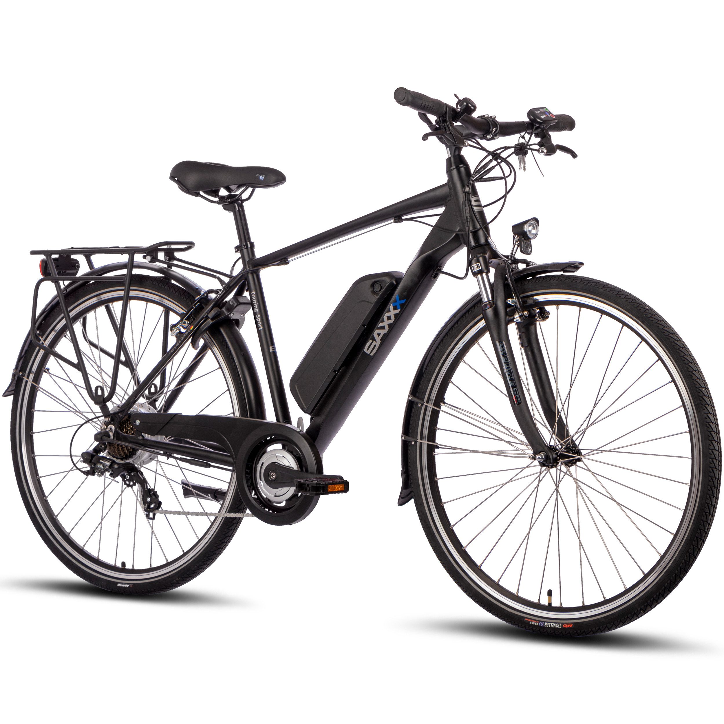 SAXXX E-Bike Trekkingrad Herren 28x1,75'', TS E-Trekkingbike, 36V/10.4Ah, max. 100km, V-Bremse, Shimano Shimano Tourney 7 Gang Kettenschaltung Schaltwerk, Hinterradmotor, 374 Wh, Akku entnehmbar, Federgabel, Schloss, Gepäckträger, max. 130 kg