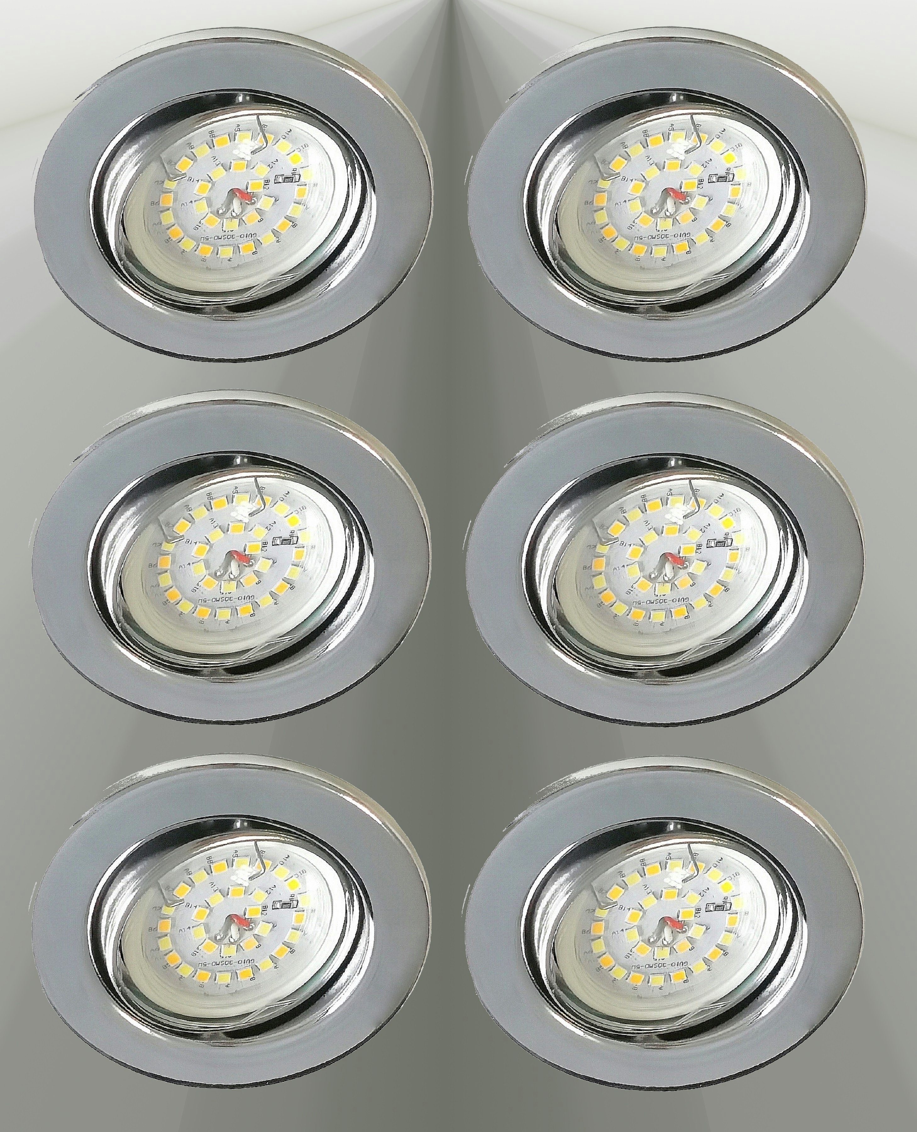 TRANGO LED Einbauleuchte, 6er Set 6729-068M36K LED Einbaustrahler Chrom-Optik inkl. 3x 5 Watt CCT Farbtemperatur Steuerung 2700K-4000K-6500K LED Modul, Einbauspot, Deckenleuchte, Downlight, Deckenlampe