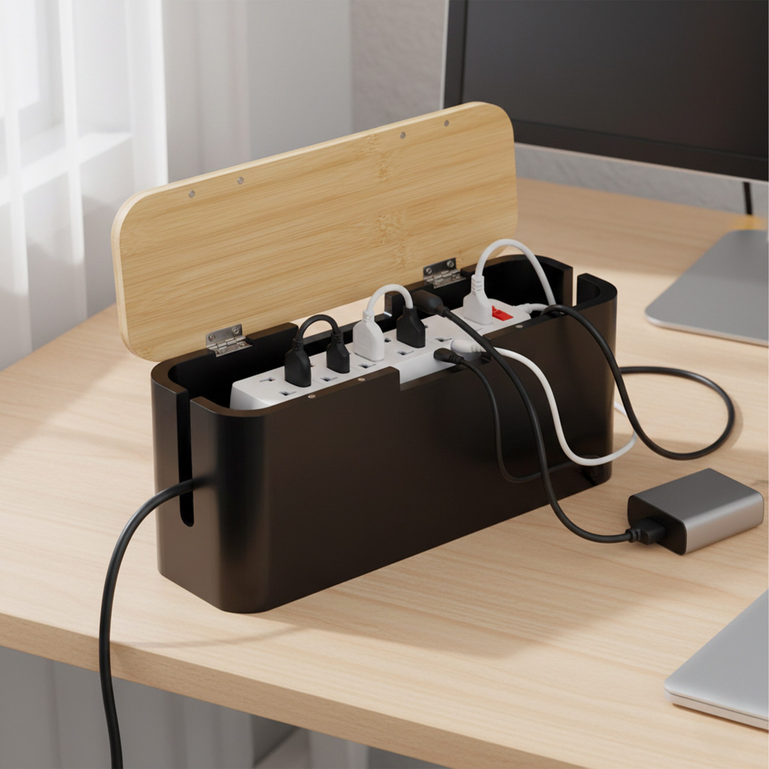 relaxdays Kabelbox aus Bambus, Natur-Schwarz