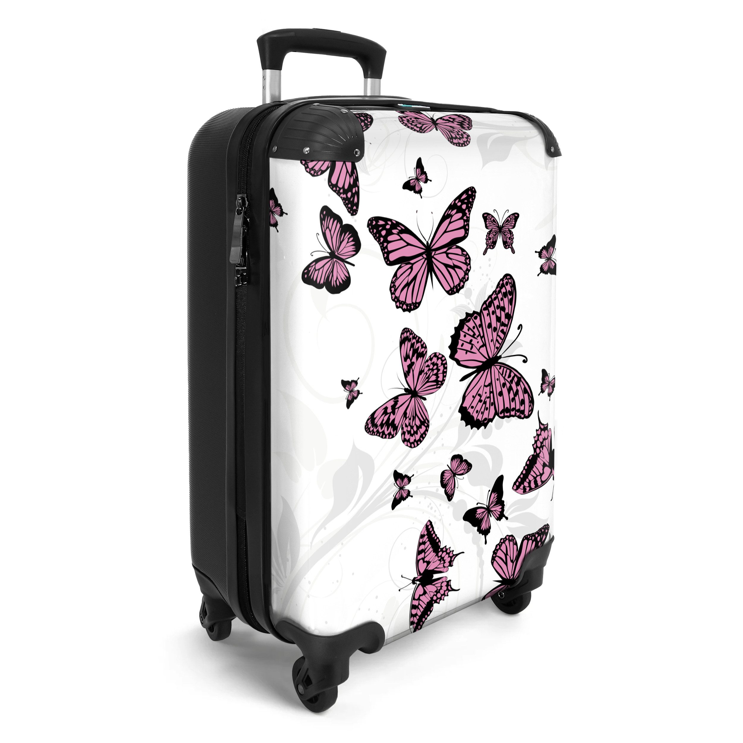 NoBoringSuitcases.com© Kinderkoffer Muster - Schmetterling - Rosa - Weiß - Pflanzen 55x35x20cm, 4 Rollen, Reisetasche mit Rollen, Koffer Handgepäck Flugzeug