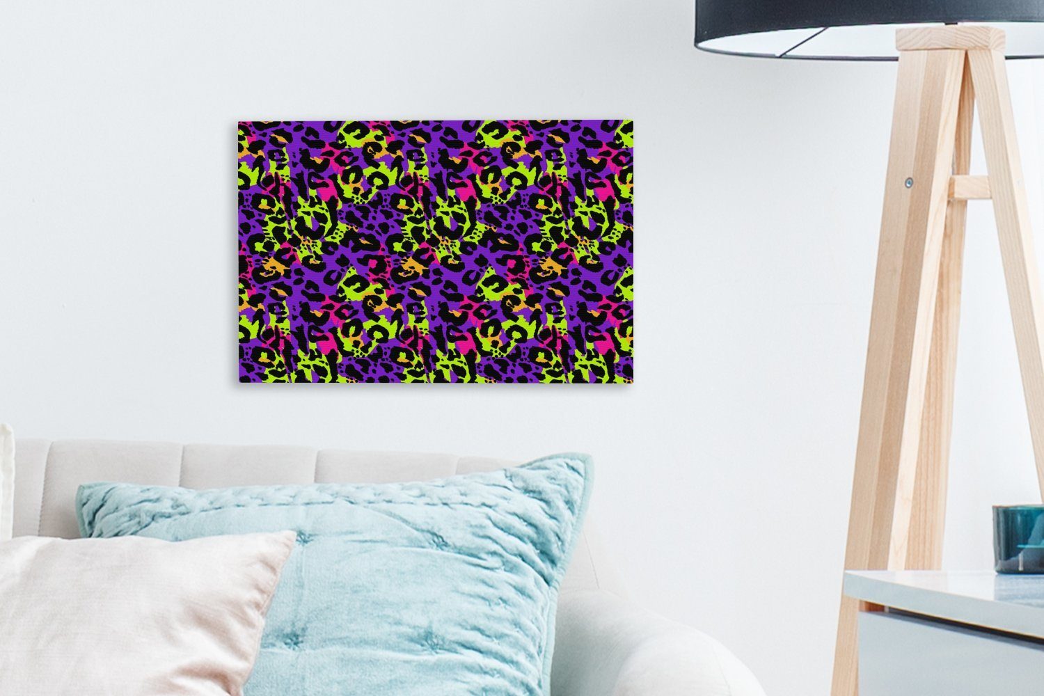 Leinwandbild Wanddeko, (1 OneMillionCanvasses® St), - 30x20 cm Leinwandbilder, - Neon - Wandbild Lila Pantherdruck Aufhängefertig, Gelb,