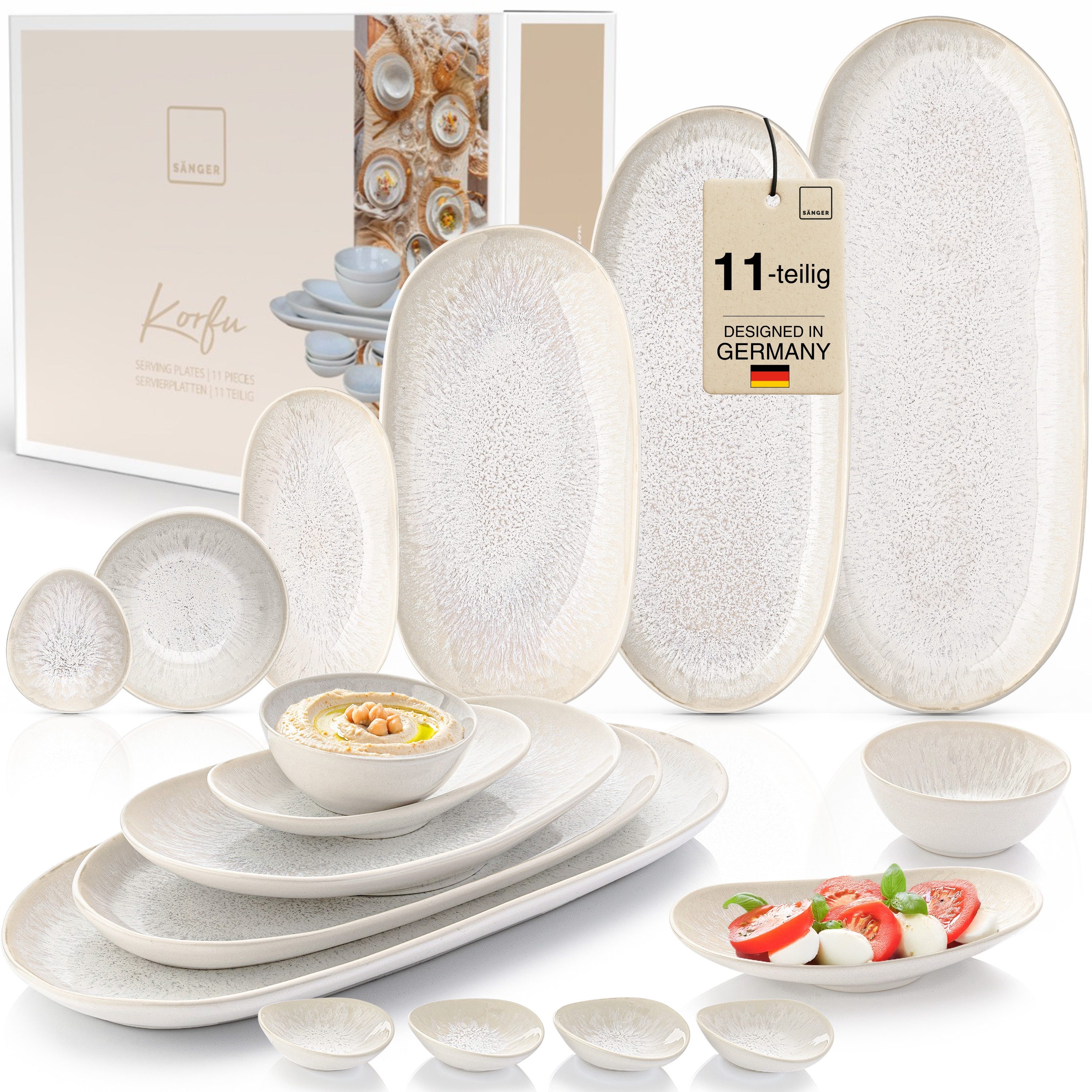 SÄNGER Geschirr-Set Korfu Geschirrset (12, 16, 24, 36 Teile) (11-tlg), 6 Personen, Steingut, Servierplatten Set, Creme Beige, Handmade, Premium Collection