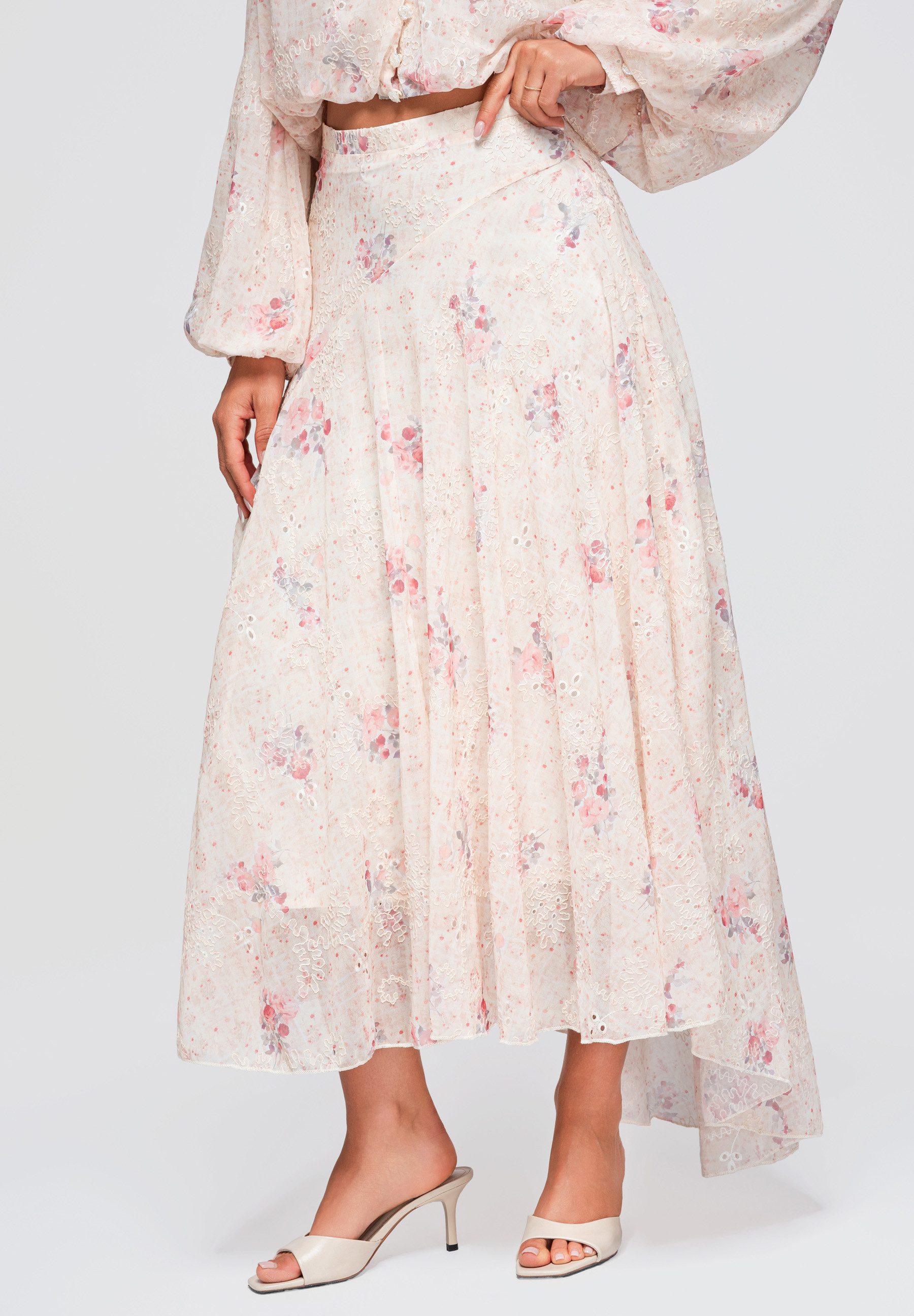 OMBRE Maxirock Damen Maxirock mit floralem Muster elegant Beige M (kein Set, 1-tlg) maxi Länge