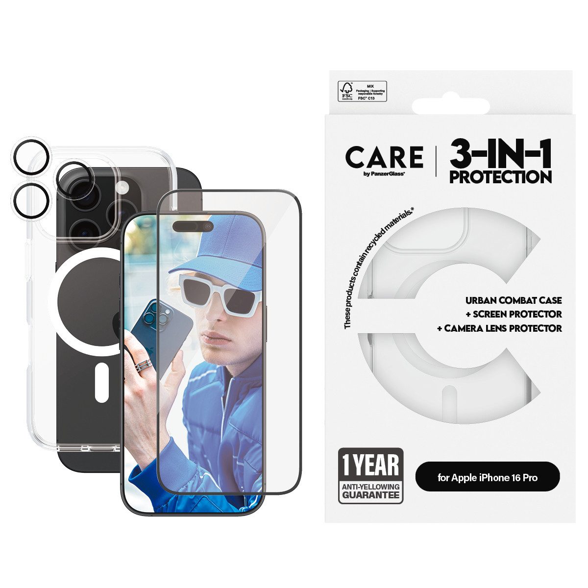 CARE by PanzerGlass Handyhülle Flagship 3-in-1 für Apple iPhone 16 Pro, Backcover, Schutzhülle, Handyschutzhülle, Case, Schutzcase, stoßfest
