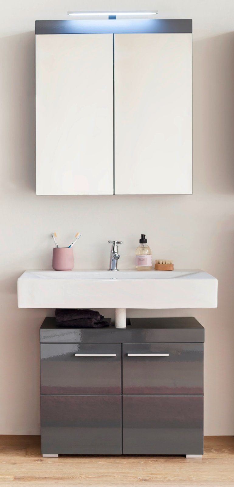 trendteam Badmöbel-Set Amanda, (Badset in grau 2-teilig, Breite 60 cm), Hochglanz