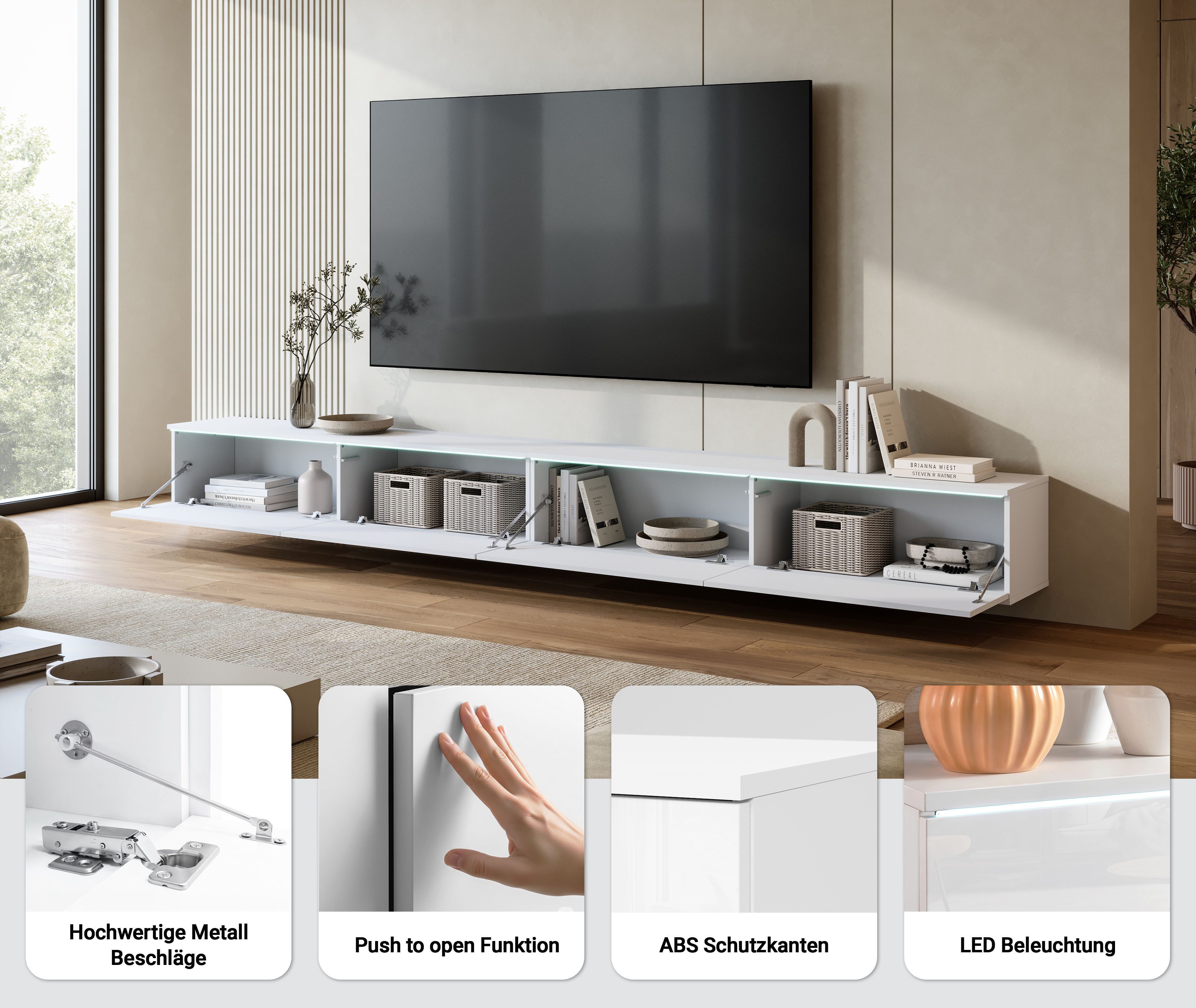 Home affaire Lowboard Vera, TV-Schrank, Breite 300 cm, verschiedene Farbausführungen (1 St), Mit LED, 4 Klappen, grifflose Fronten, hängend oder stehend