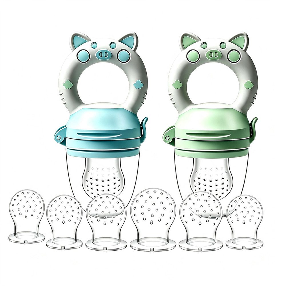 AFKSMILE Schnuller Fruchtsauger Baby,2 Stück Obstschnuller für Babys ab 3 Monate,BPA frei, 8 Silikon Sauger in 3 Größen,Schnuller Zum Befüllen,Breisauger