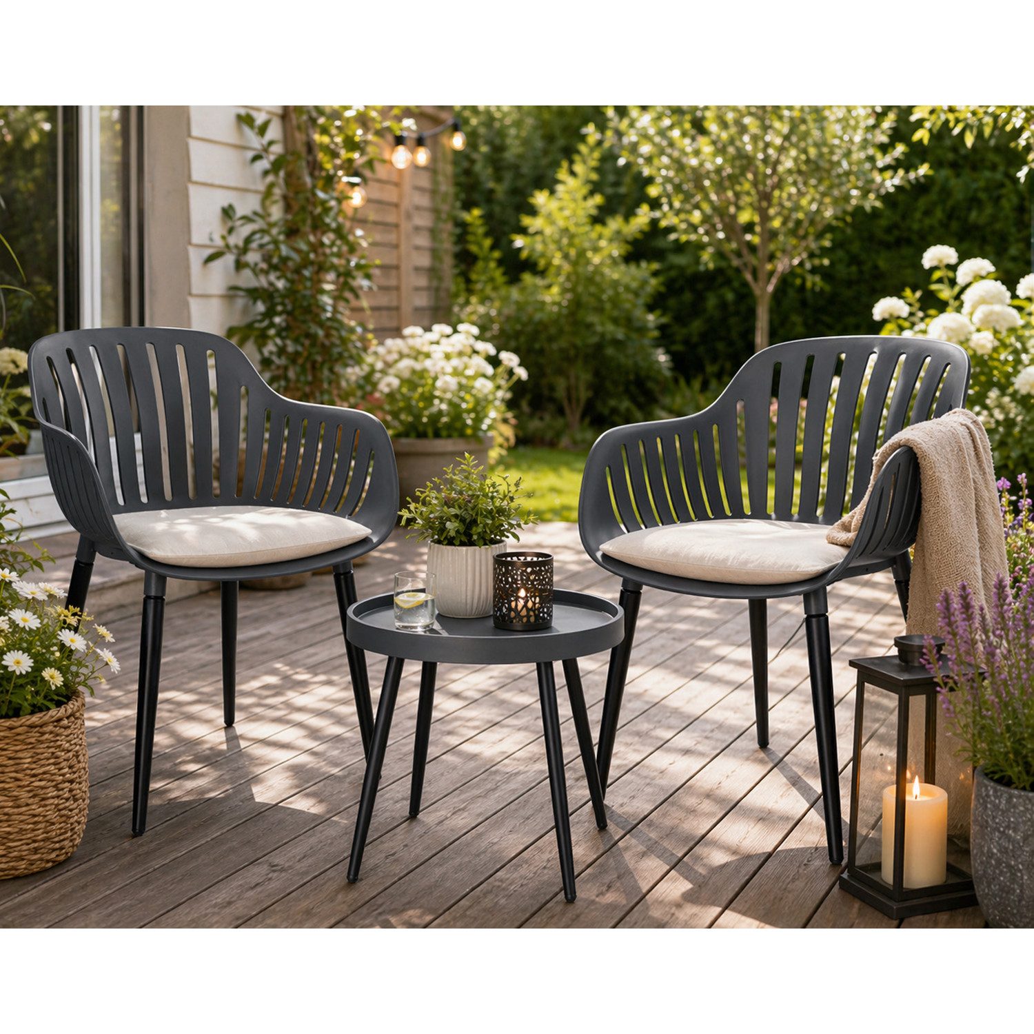 Mojawo Essgruppe 3tlg Sitzgarnitur Bistrogarnitur Kunststoff Tisch rund Stapelstuhl