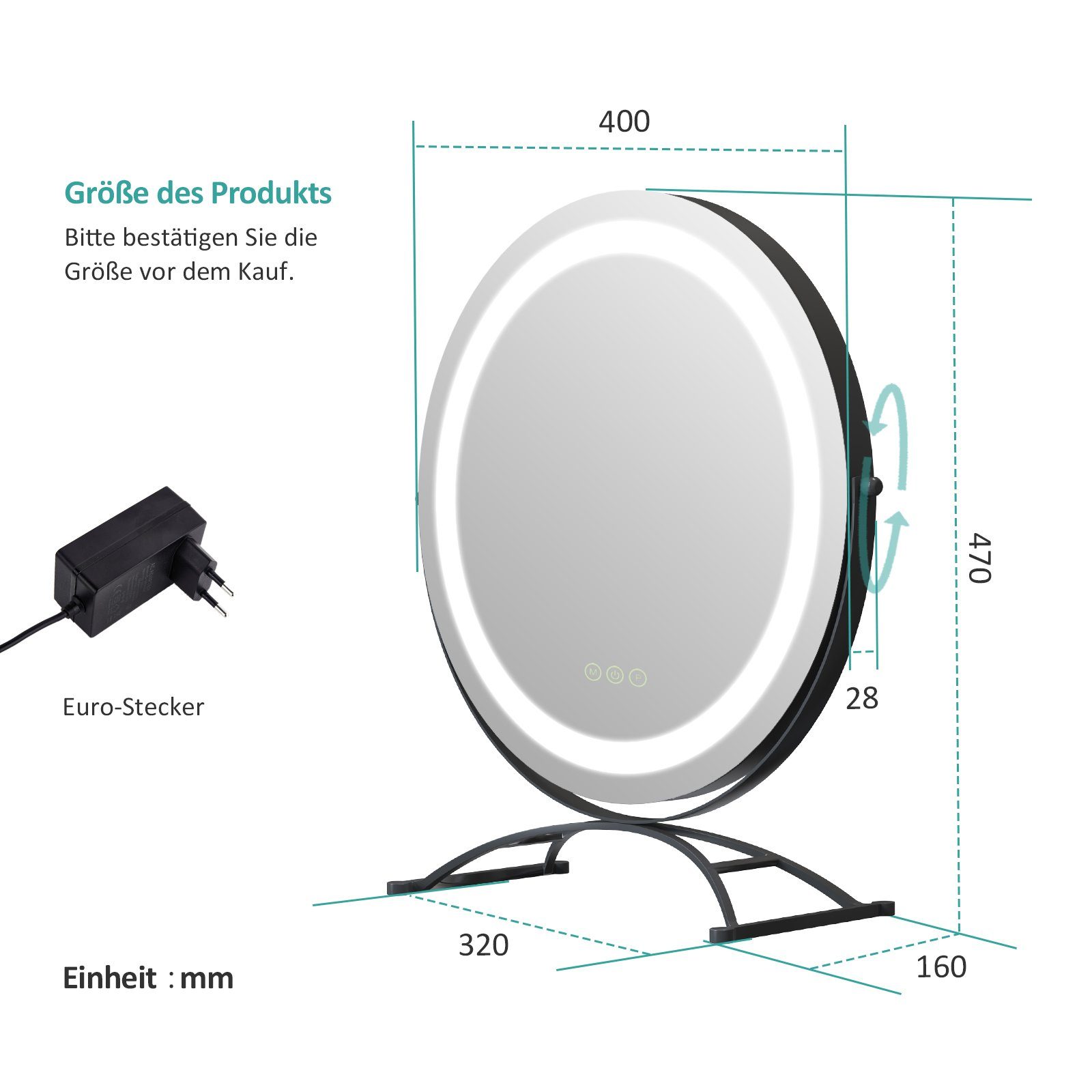 Schwarz LED mit Lichtfarben Memory-Funktion, Touch, Kosmetikspiegel 360° 3 Drehbar Schminkspiegel Runder EMKE Dimmbar, mit Kosmetikspiegel Tischspiegel, Beleuchtung